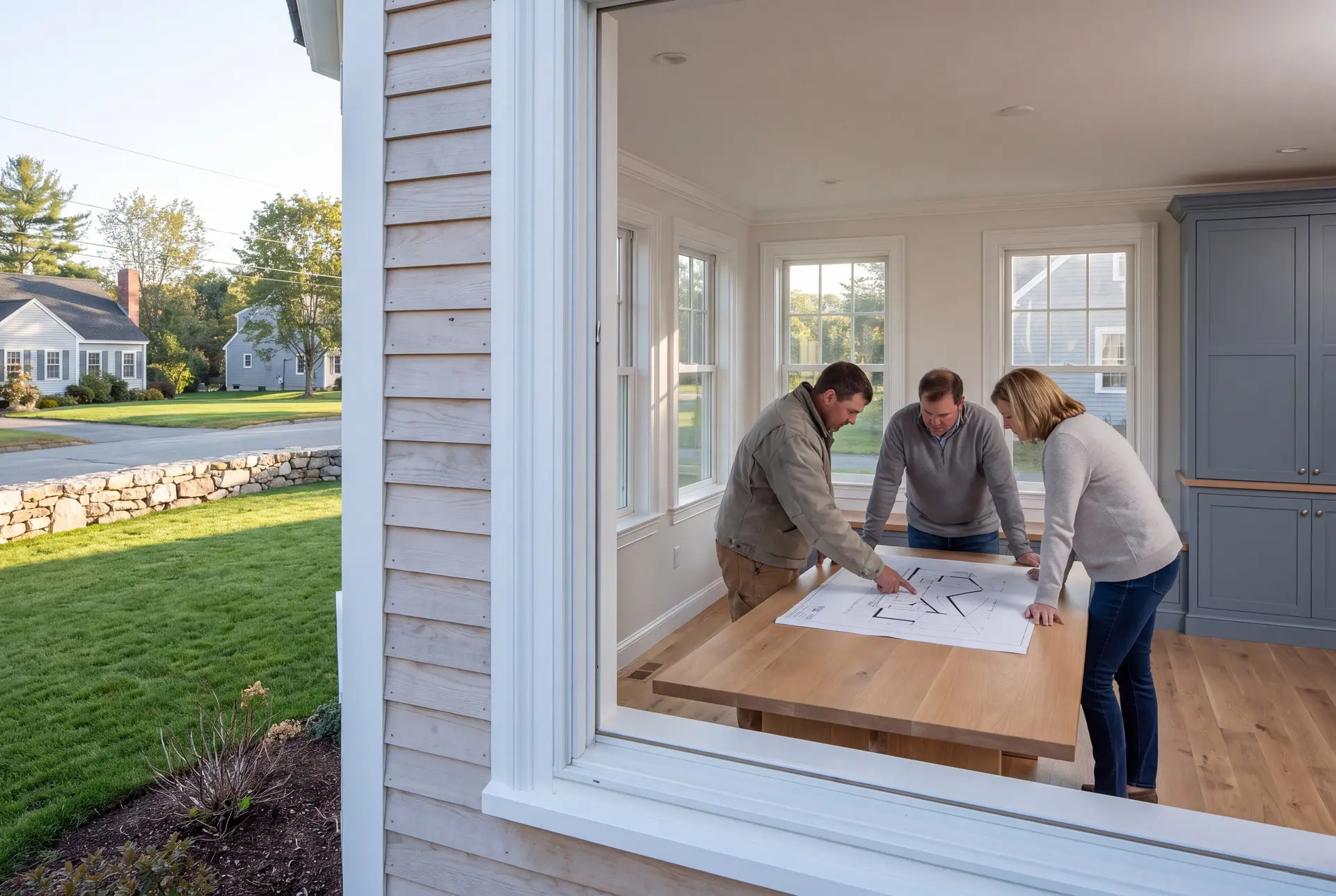Illustration: Three people, a builder and two homeowners, review floor plans on a large oak table in a finished living room with blue-gray cabinets and oak floors