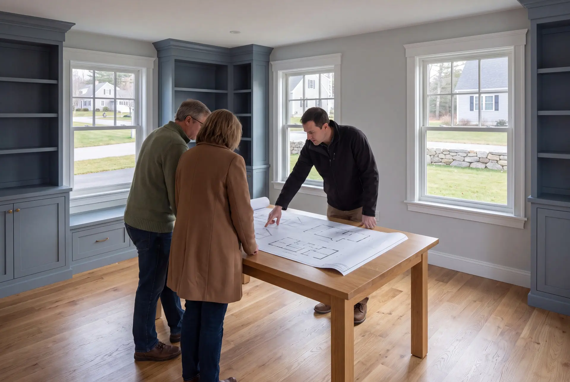 Illustration: Three people, a builder and two homeowners, reviewing architectural drawings on a table in a finished living room with blue-gray cabinetry and oak floors