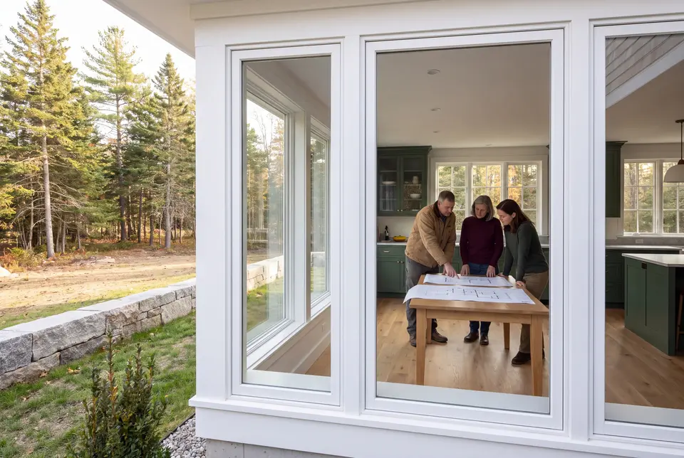 Illustration: Three people, a man and two women, review architectural drawings on a table in a room with green cabinets and oak floors, seen through large windows from outside