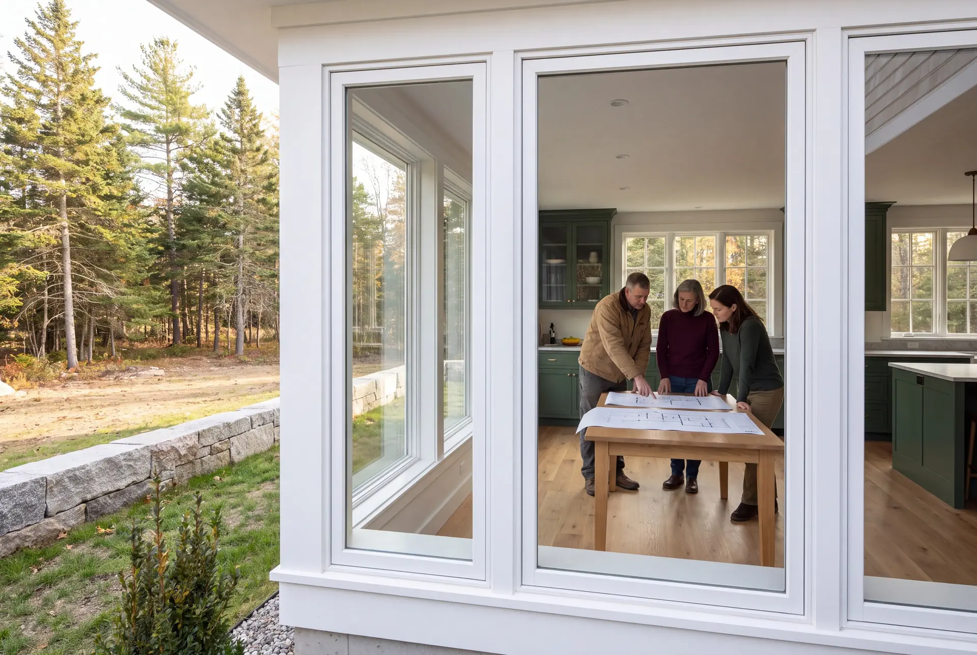 Illustration: Three people, a man and two women, review architectural drawings on a table in a room with green cabinets and oak floors, seen through large windows from outside
