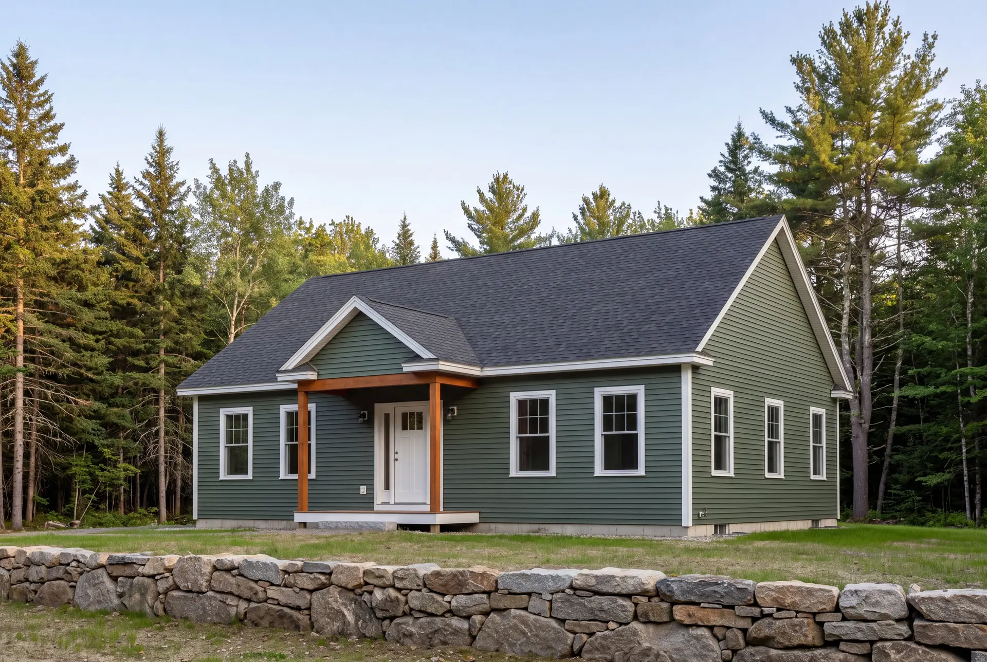 Illustration: A newly built green ranch house with a dark roof and white trim, surrounded by trees and a stone wall