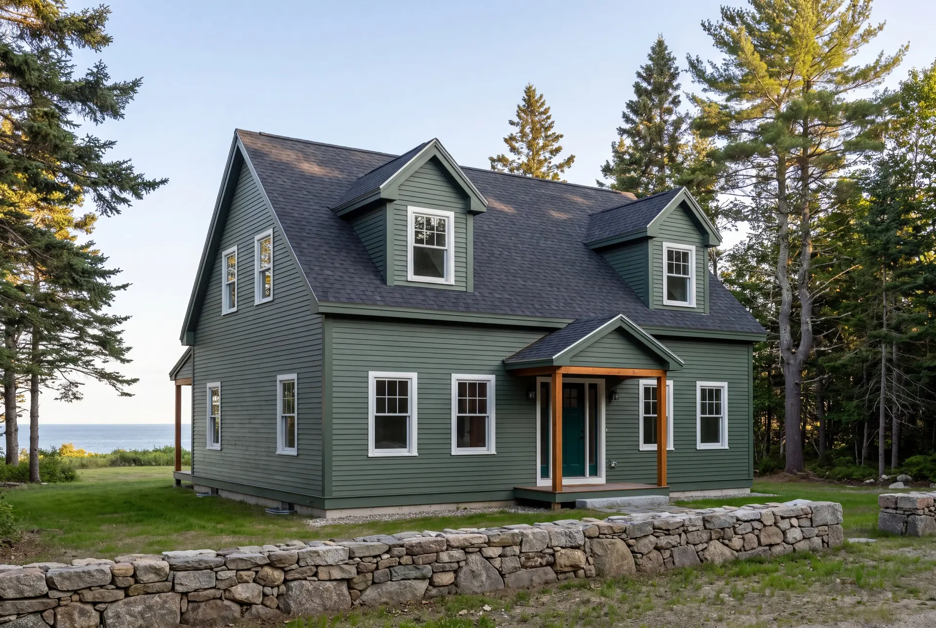 Illustration: A newly built green Cape house with a dark roof and white windows, set against a backdrop of trees and a distant ocean, with a stone wall in the foreground