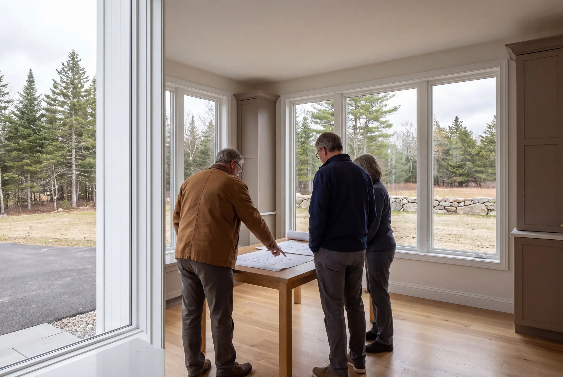 Illustration: Three adults, seen from behind, review architectural drawings on a table in a modern living room with large windows overlooking a forest