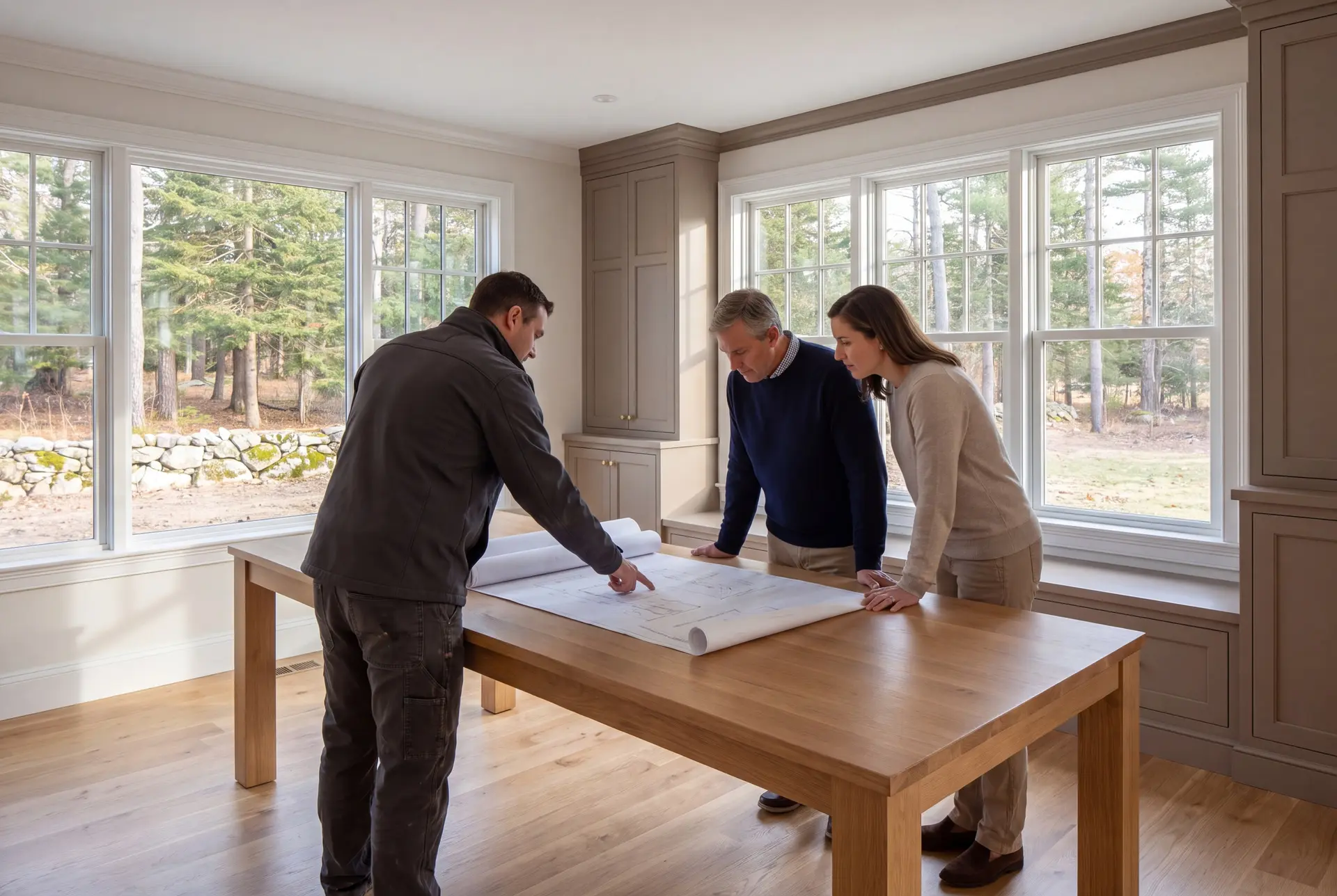 Illustration: Three adults, a builder and two homeowners, review architectural drawings on an oak table in a finished living room with taupe cabinetry and oak floors