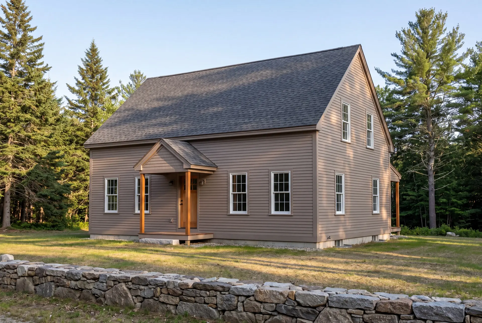 Illustration: A newly built New England saltbox house with taupe siding and a dark roof, surrounded by a grassy lawn and trees, with a stone wall in the foreground