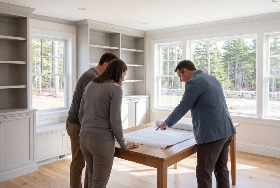 Illustration: Three people, a man in a blue jacket and two others in gray tops, are looking at blueprints on a wooden table in a bright room with built-in cabinets and large windows overlooking a forest