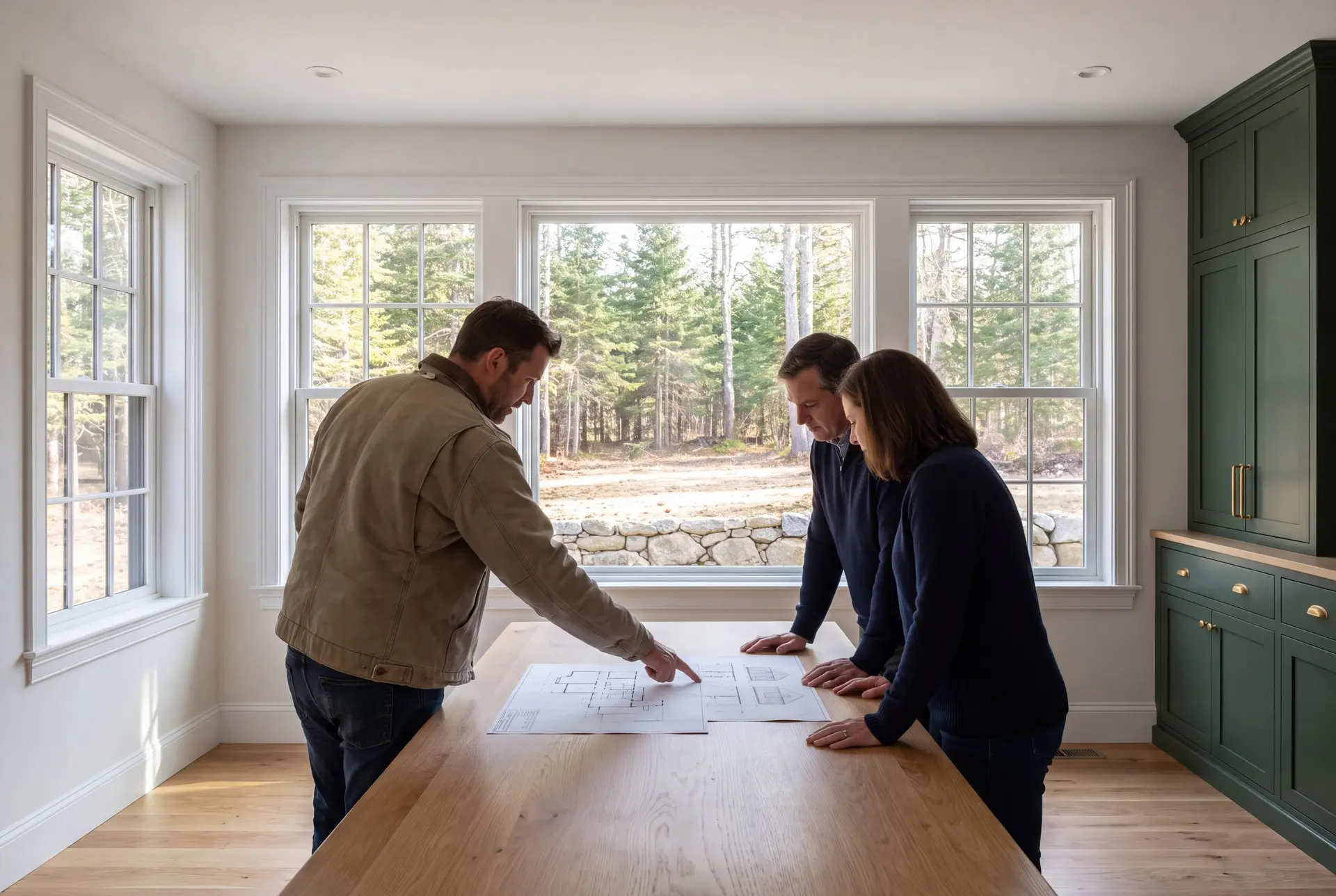 Illustration: Three people, a builder and two homeowners, reviewing architectural drawings on a table in a finished living room with forest green cabinetry and oak floors
