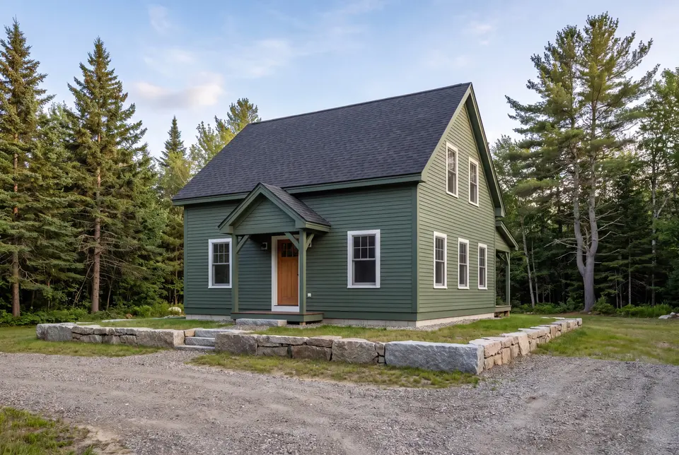 custom home builder in Cumberland, ME: illustrative scene, A green farmhouse with a dark roof and white windows, surrounded by trees and a gravel path
