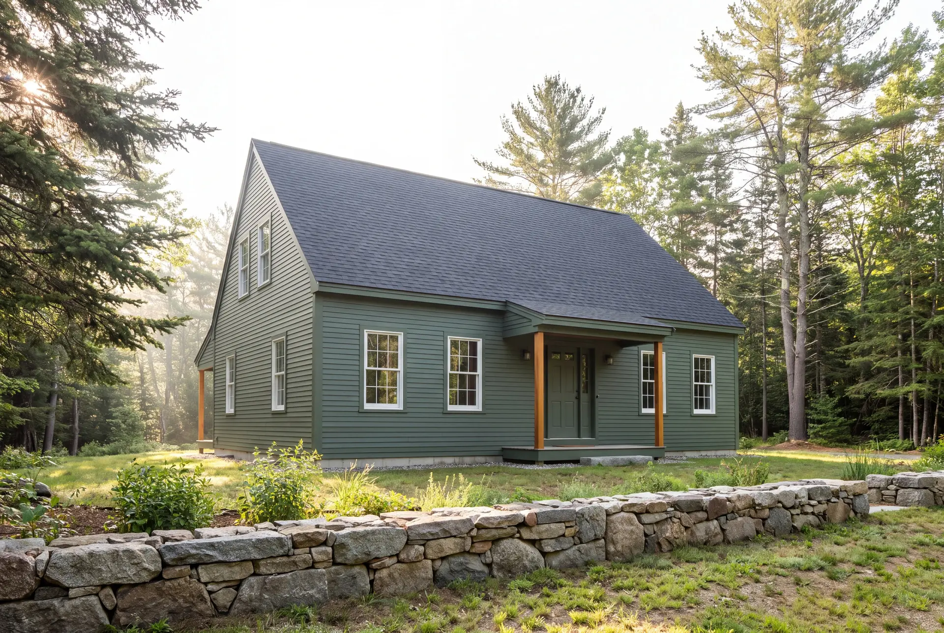 Illustration: A green saltbox house with a dark roof and white windows, surrounded by trees and a stone wall