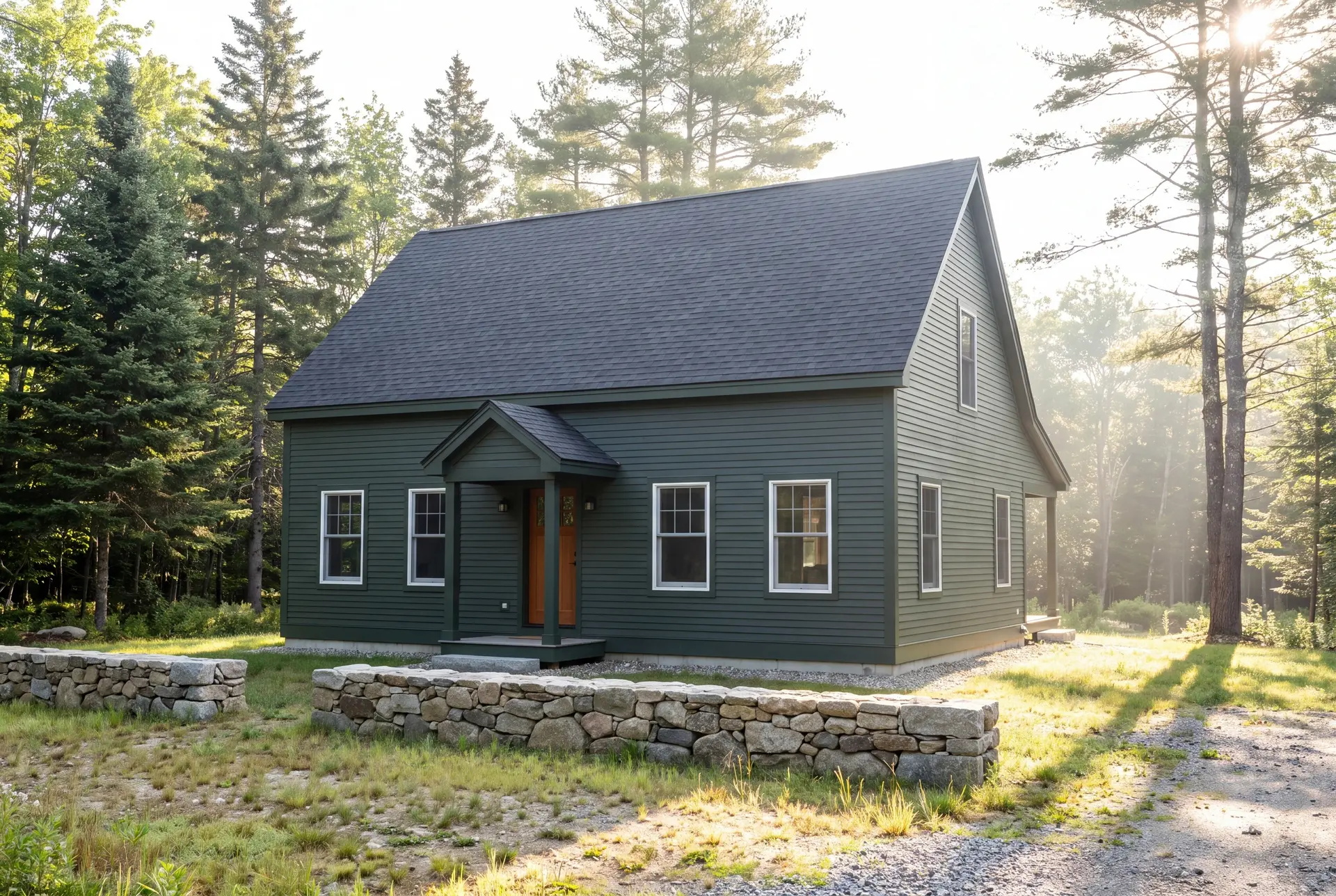 Illustration: A forest green cottage with a charcoal roof and white-trimmed windows, set among trees with a stone wall in the foreground