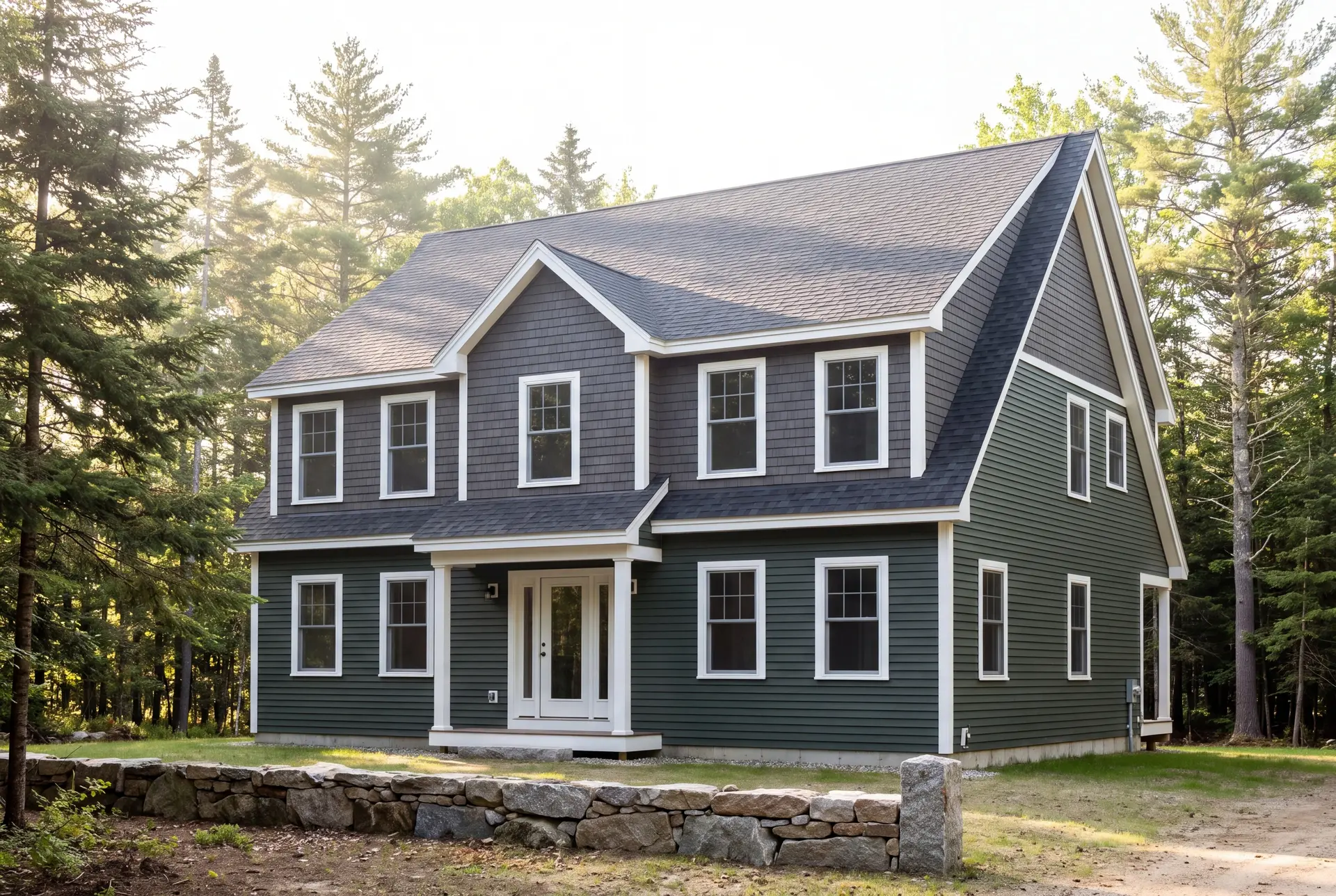 Illustration: A newly built two-story house with dark green siding and a gray shingle roof, surrounded by pine trees and a low stone wall