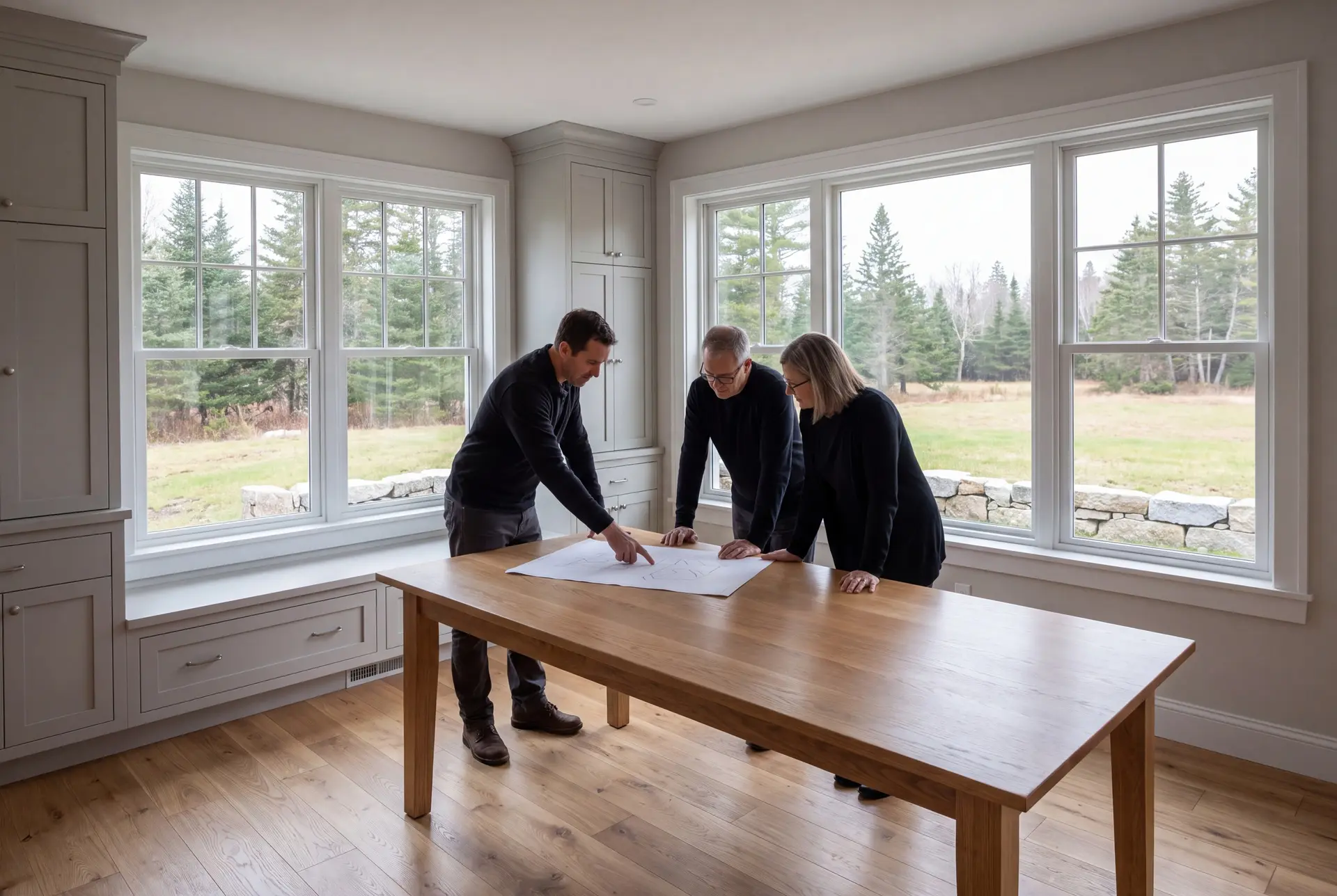 Illustration: Three people, a builder and two homeowners, review abstract floor plans on an oak table in a finished living room with gray cabinetry, white-trimmed windows, and oak floors
