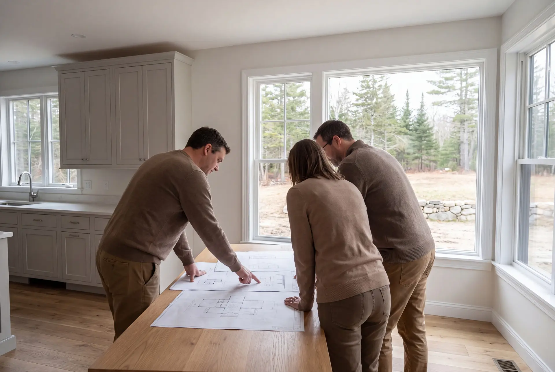 Illustration: Three people, a builder and two homeowners, reviewing floor plans on an oak table in a finished living room with gray cabinets and oak floors