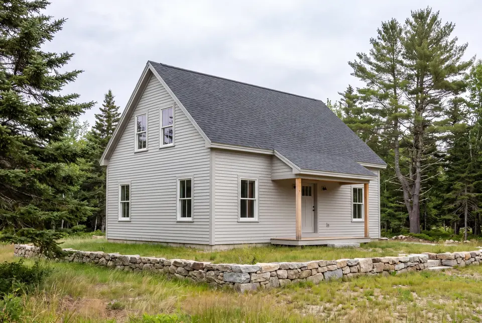 Illustration: A light gray cottage with a dark roof and white-trimmed windows, featuring a small covered porch, stands behind a low stone wall with tall trees in the background