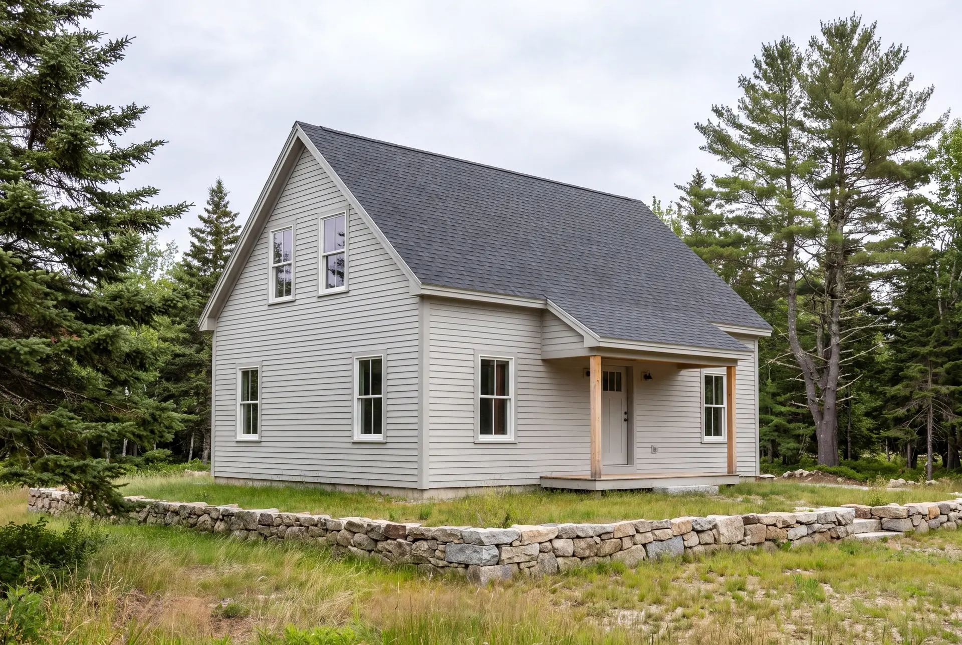 Illustration: A light gray cottage with a dark roof and white-trimmed windows, featuring a small covered porch, stands behind a low stone wall with tall trees in the background