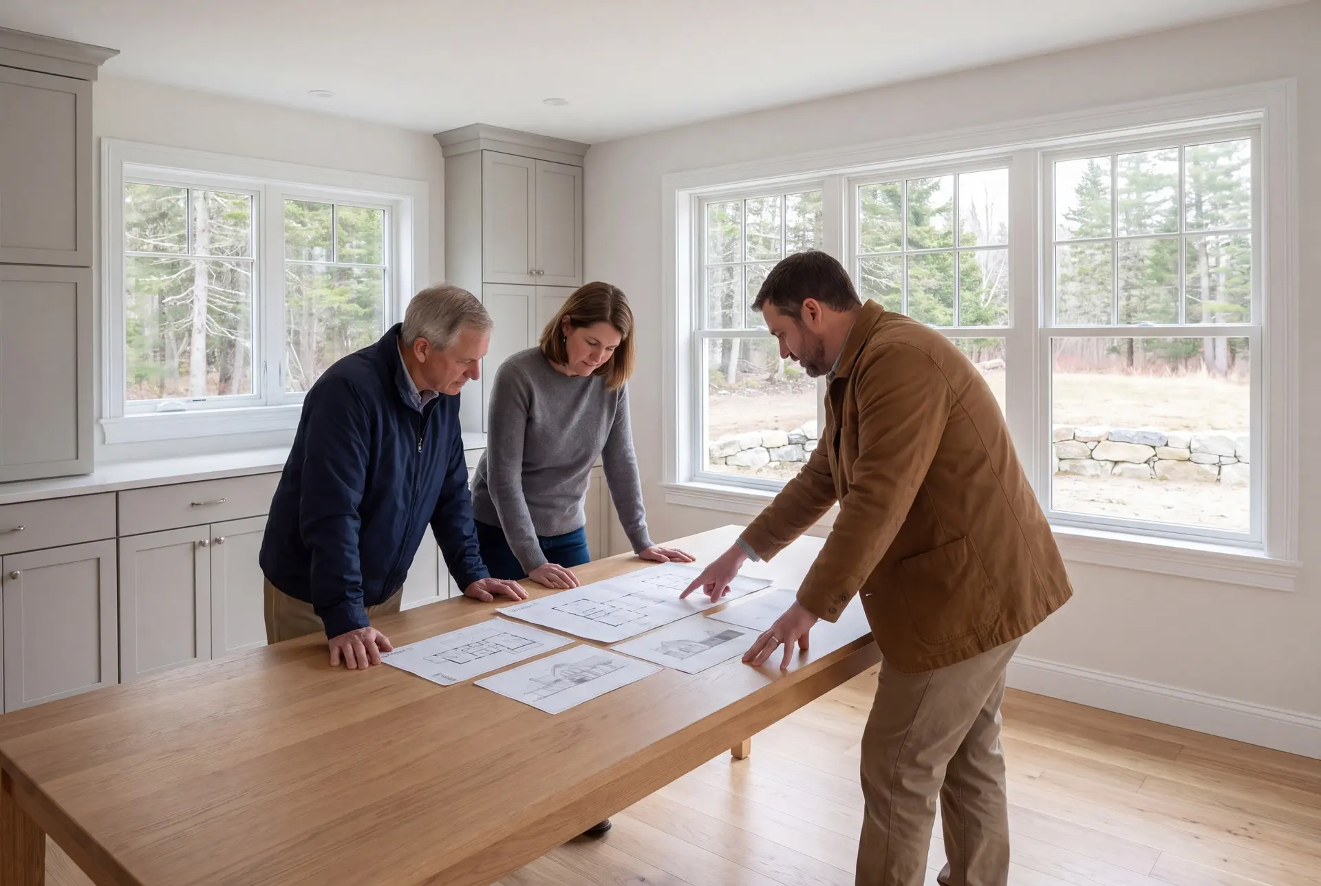 Illustration: Three people, a man in a brown jacket, a man in a blue jacket, and a woman in a gray sweater, are looking at architectural drawings on a wooden table in a room with gray cabinets and large windows