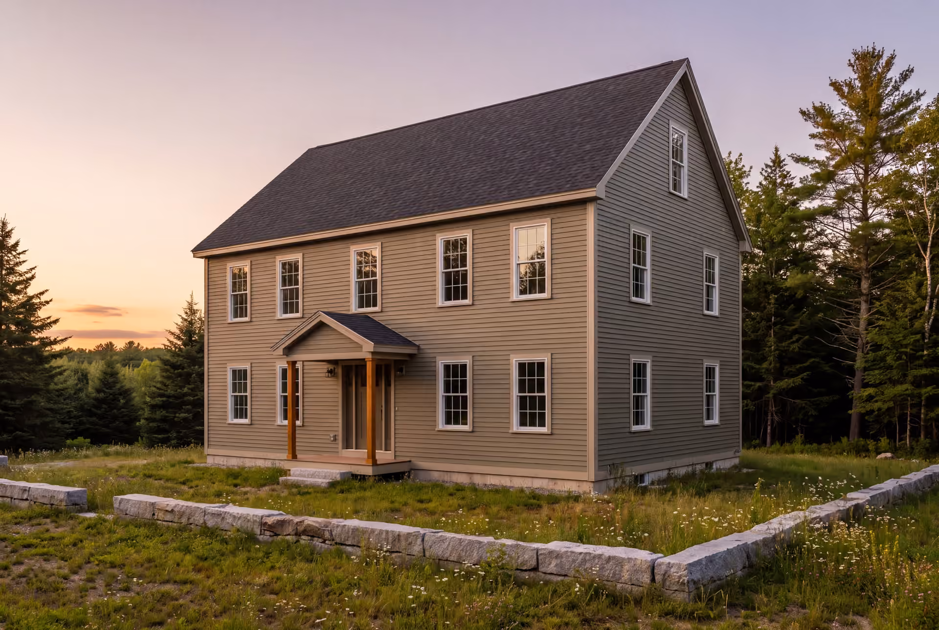custom home builder in Falmouth, ME: illustrative scene, A two-story Colonial house with olive siding and a charcoal roof, viewed from a three-quarter angle at sunset