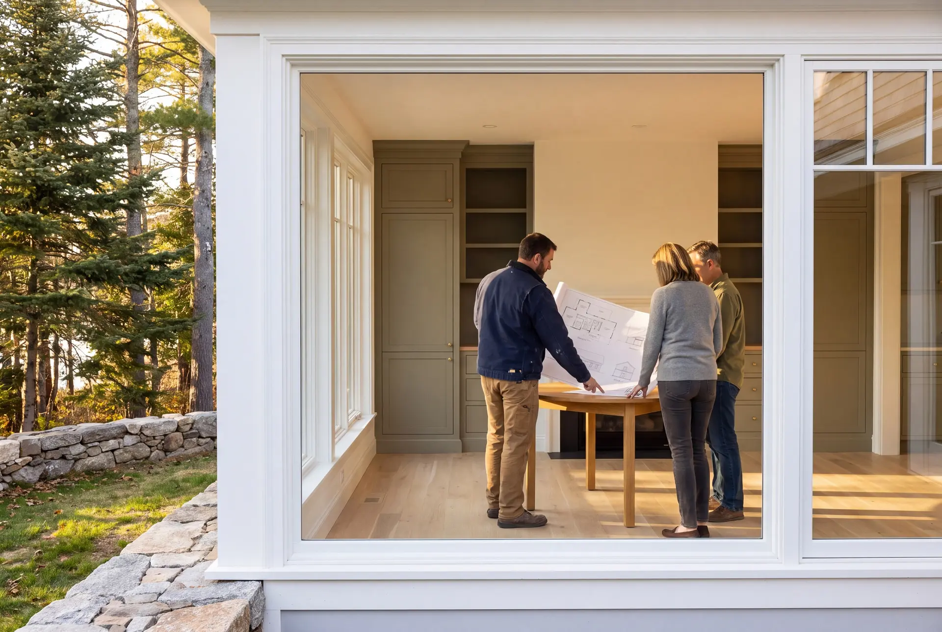 Illustration: Three adults, a builder and two homeowners, review abstract floor plans on an oak table in a finished living room with olive cabinetry and oak floors