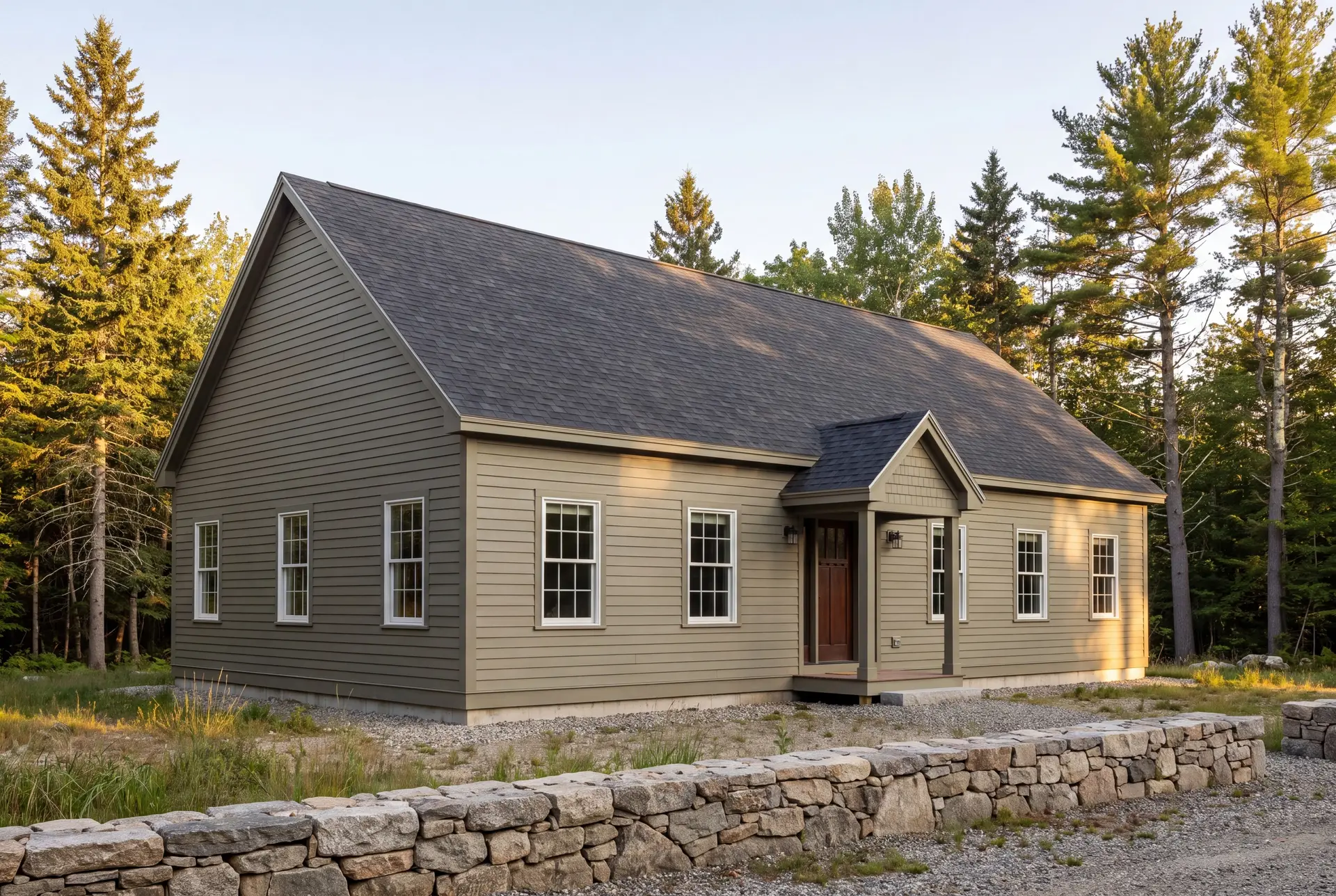 Illustration: A newly built single-story house with olive siding and a dark roof, featuring white windows and a covered entry, surrounded by trees and a stone wall