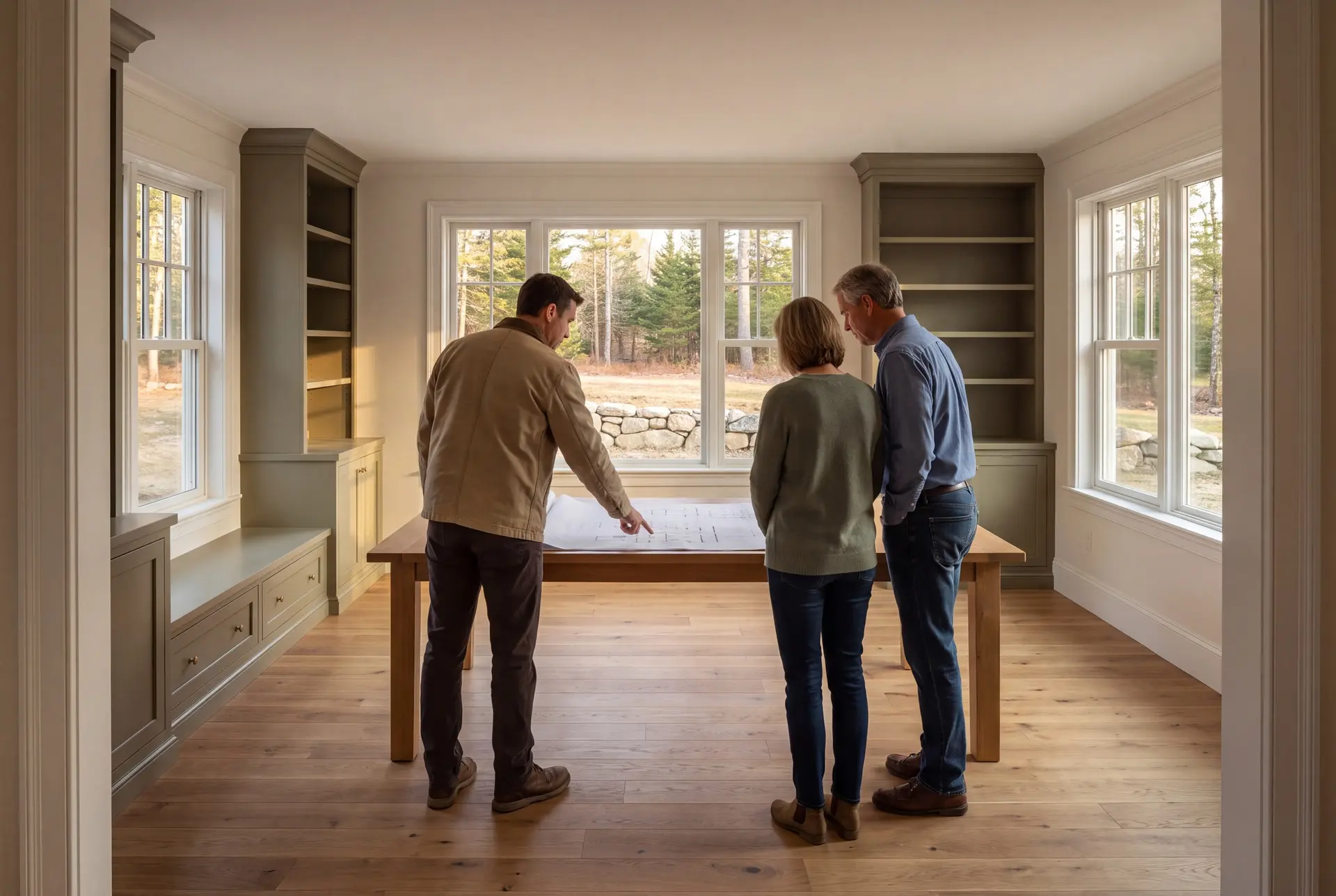 Illustration: Three people, a builder and two homeowners, reviewing blueprints on a table in a finished living room with olive cabinetry and oak floors
