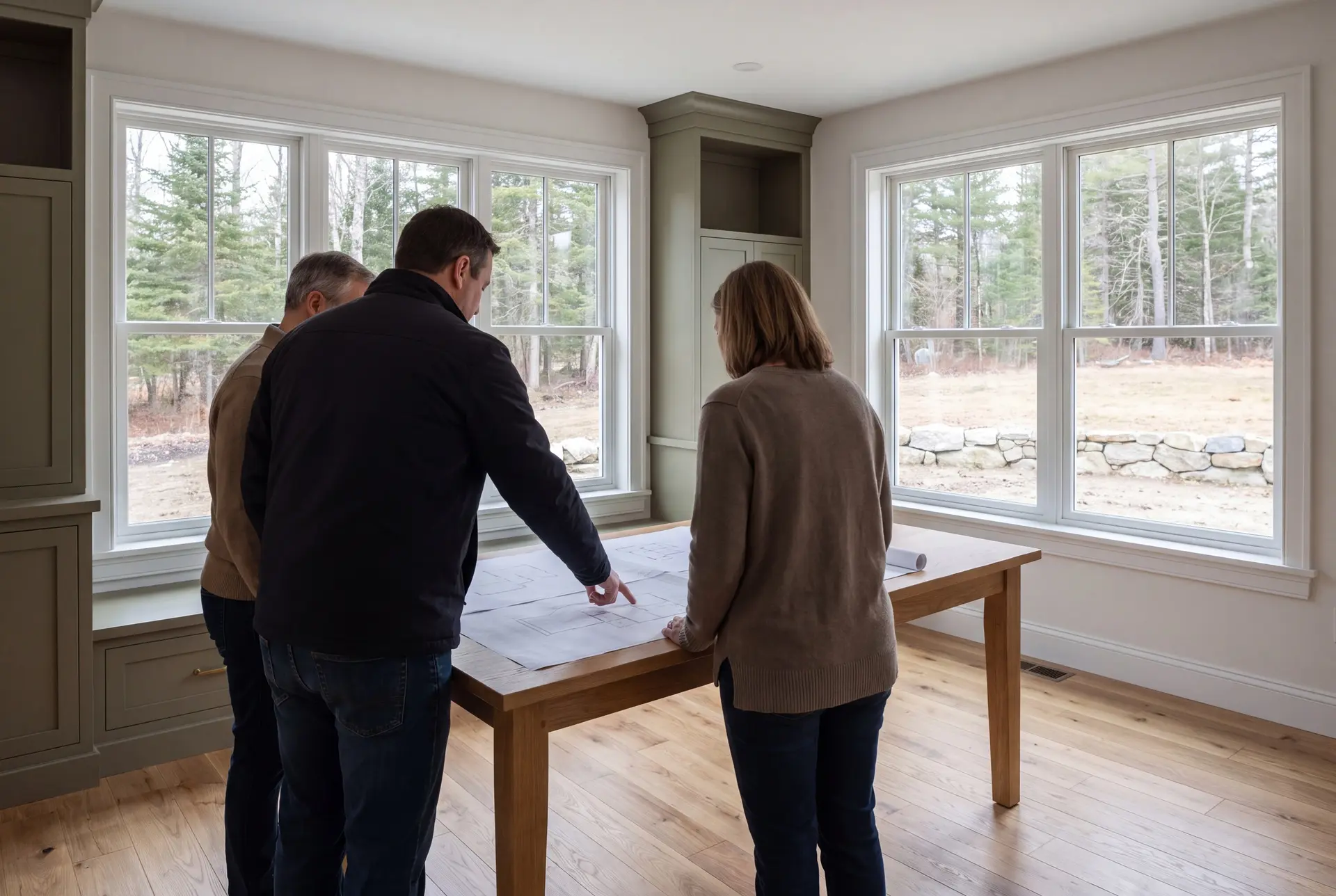 Illustration: Three people, a man pointing at blueprints on a table, with two others looking on, in a finished living room with large windows