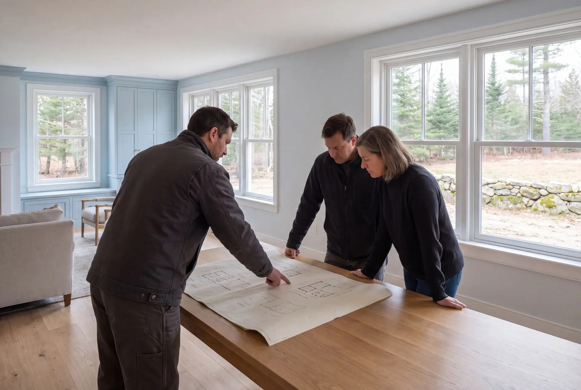 Illustration: Three people, a builder and two homeowners, reviewing architectural drawings on a large wooden table in a bright, finished living room with light blue built-in cabinets and large windows