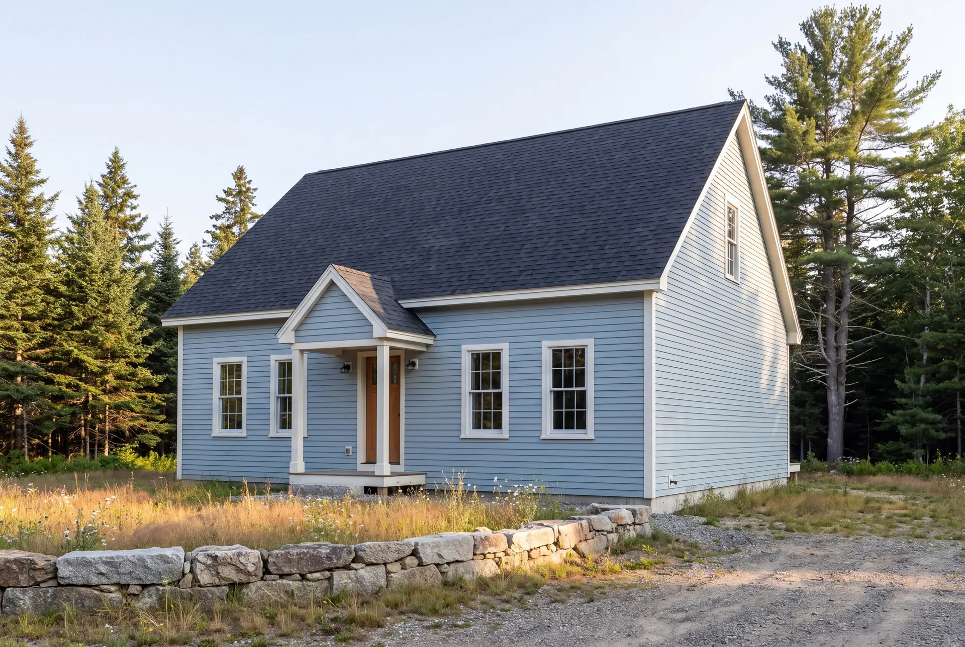 Illustration: A light blue clapboard cottage with a dark gray roof and white trim, surrounded by natural landscaping and evergreen trees under a clear sky