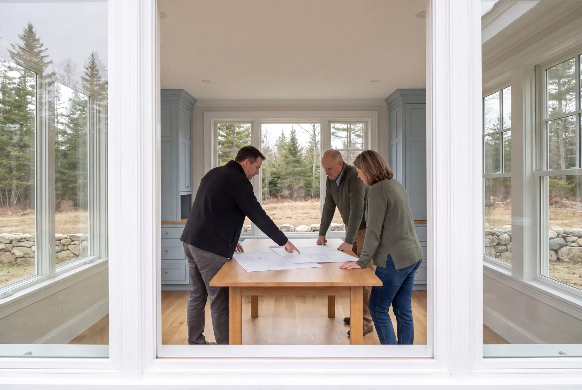 Illustration: Three people, a builder and two homeowners, reviewing architectural plans on a table in a finished living room with light blue cabinets and oak floors