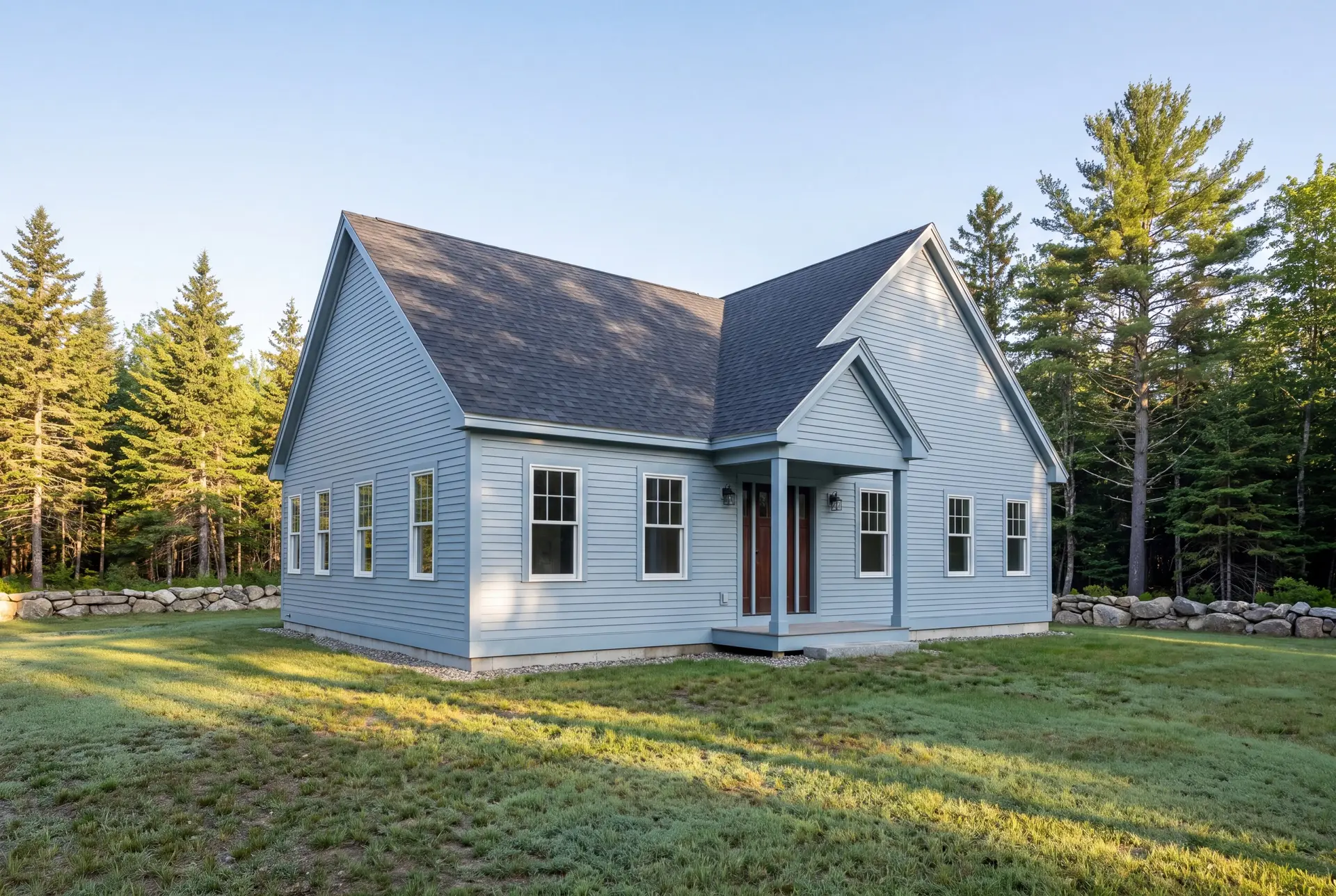 Illustration: A light blue contemporary gabled house with a charcoal roof, white-trimmed windows, and a covered entry, set in a grassy area with pine trees and a stone wall