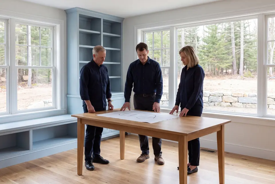 Illustration: Three people in navy shirts and dark pants stand around a light oak table with a blueprint on it, in a room with light blue built-in shelves and large windows overlooking a forest