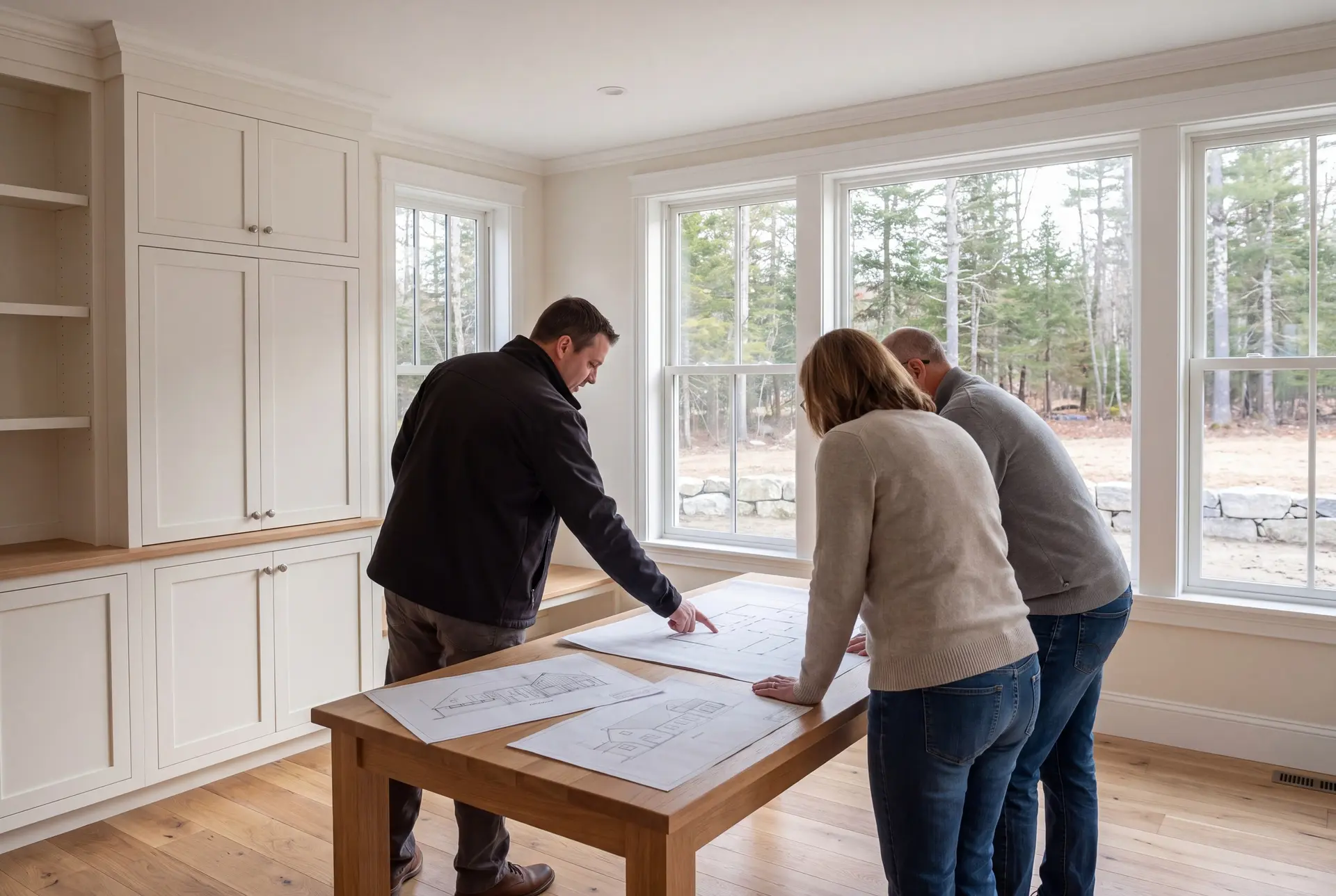 Illustration: Three people, a builder and two homeowners, reviewing blueprints on a table in a finished living room
