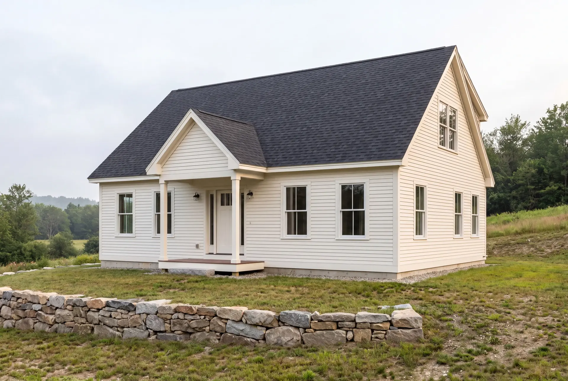 Illustration: A newly built white farmhouse with a dark roof and a covered porch, set against a natural landscape with a stone wall in the foreground