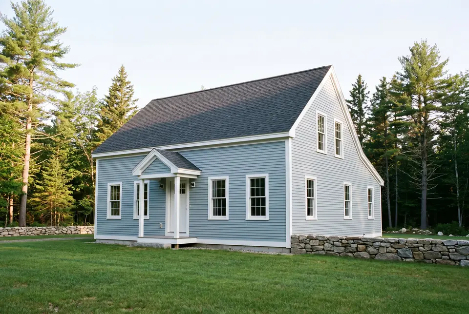 custom home builder in Gorham, ME: illustrative scene, A light blue New England saltbox house with a dark roof and white trim, surrounded by green grass and pine trees, with a stone wall in the foreground