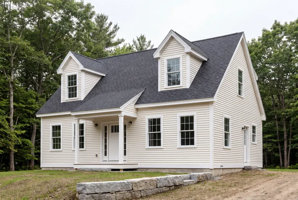Illustration: A newly built Cape house with light siding, a dark roof, and two dormers, viewed from a three-quarter angle with trees in the background