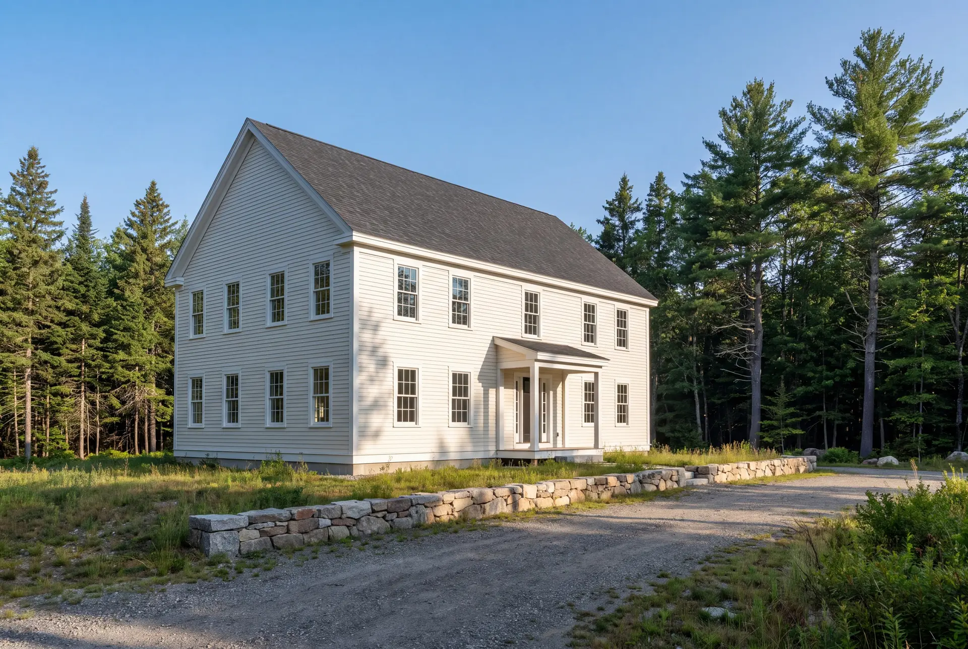 Illustration: A newly built two-story Colonial house with white siding and a dark roof, set against a backdrop of tall pine trees under a clear blue sky