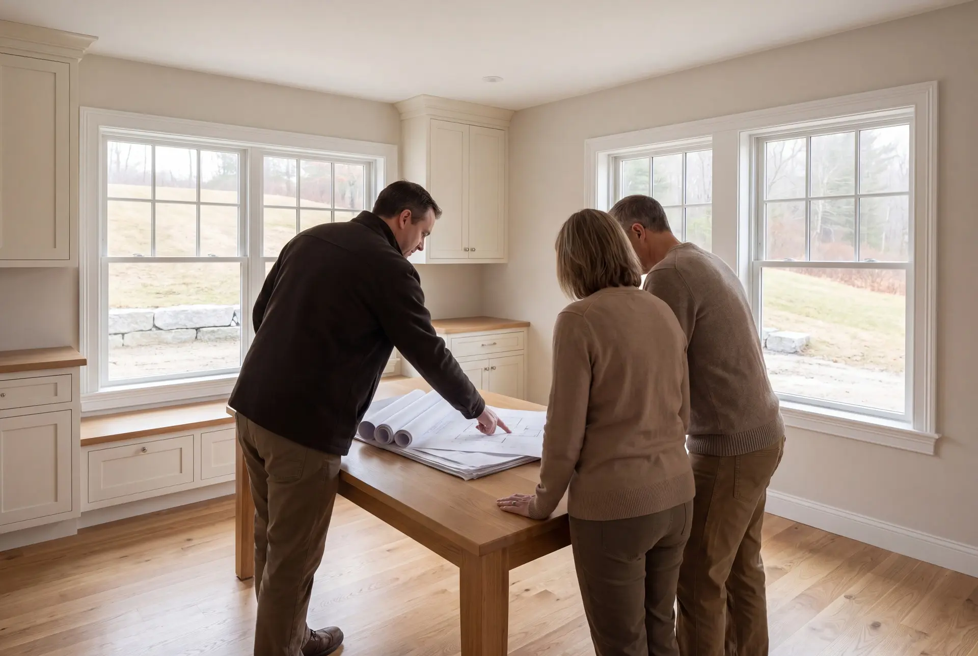 Illustration: Three adults, a builder and two homeowners, review architectural drawings on an oak table in a finished living room with white cabinetry and oak floors