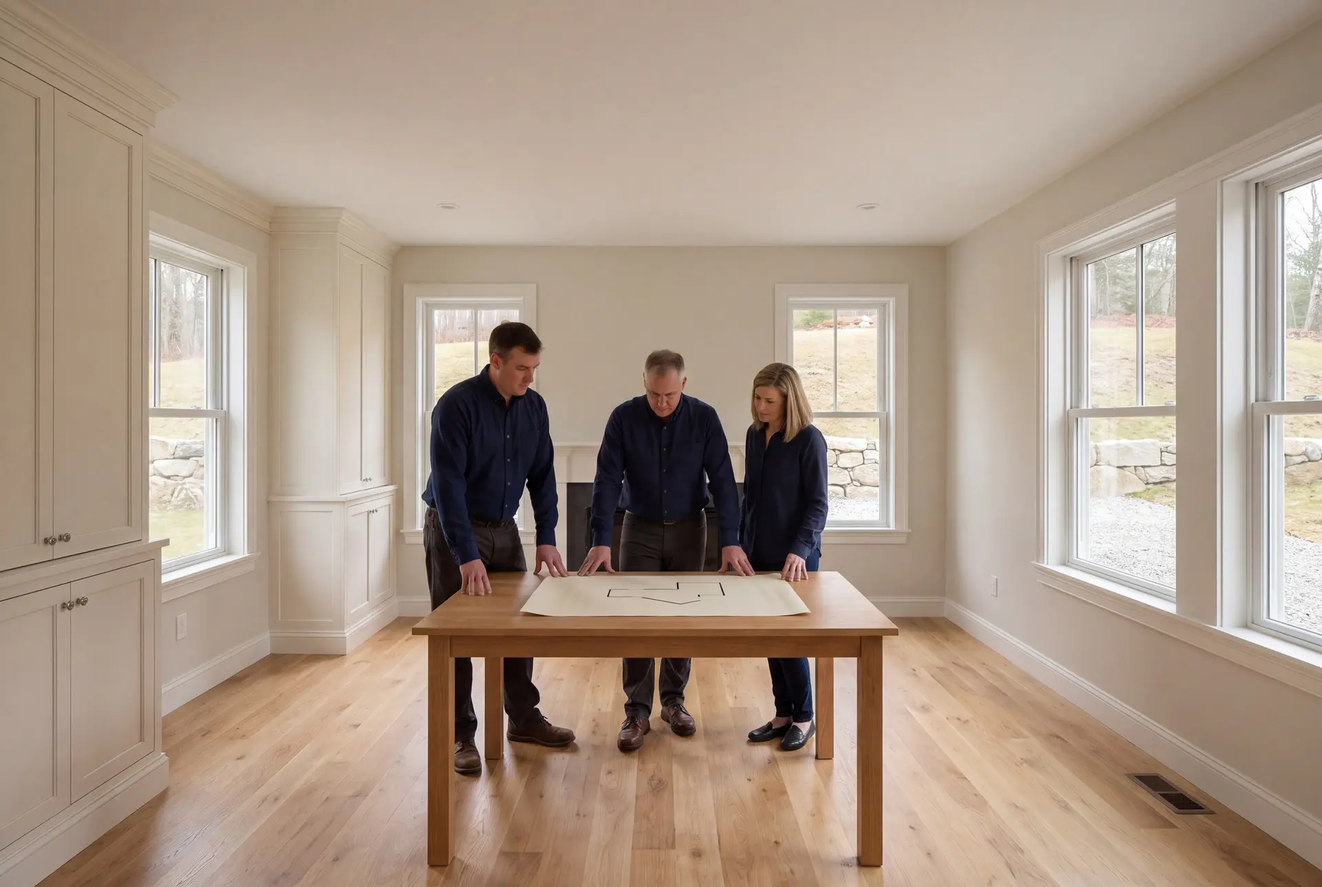 Illustration: Three people in navy shirts and dark pants stand around a wooden table, looking at a blueprint in a bright room with oak floors and white built-in cabinets