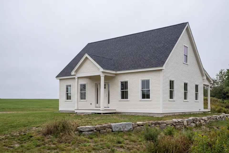 custom home builder in Gray, ME: illustrative scene, A newly built white clapboard cottage with a dark gray roof, white-trimmed windows, and a covered porch, situated in a green field under a gray sky