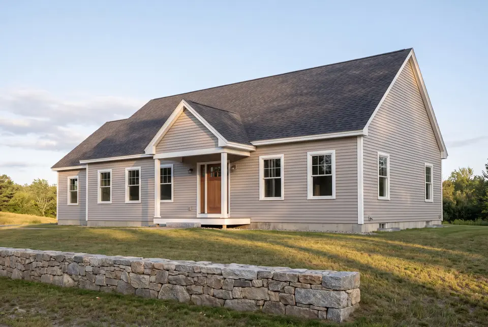 Illustration: A newly built single-story house with light gray siding, a dark gray roof, and a covered front entry, seen from a three-quarter angle with a stone wall in the foreground