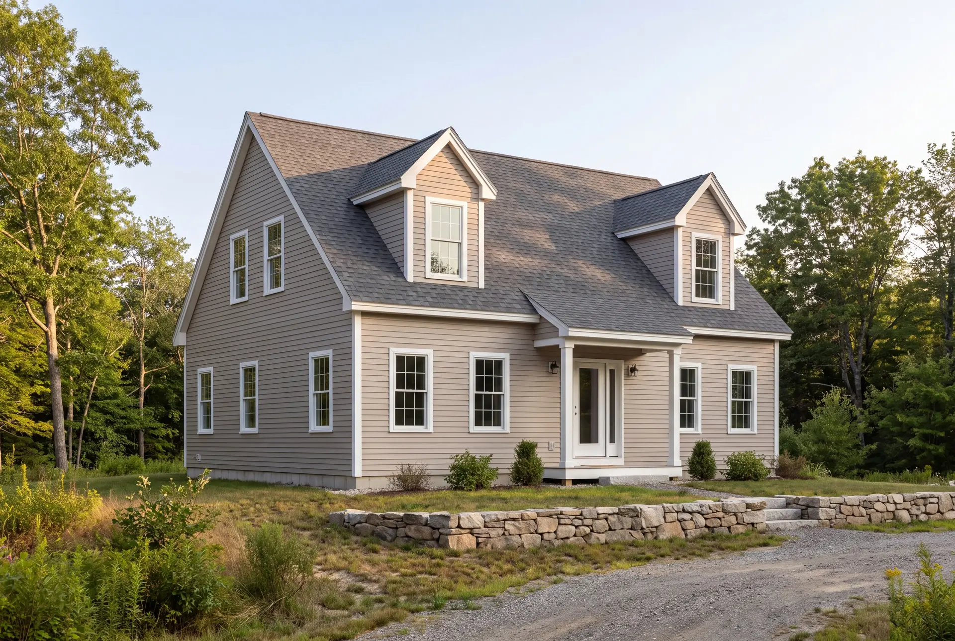 Illustration: A newly built Cape house with light siding, a dark roof, and two dormers, set amidst trees and natural landscaping