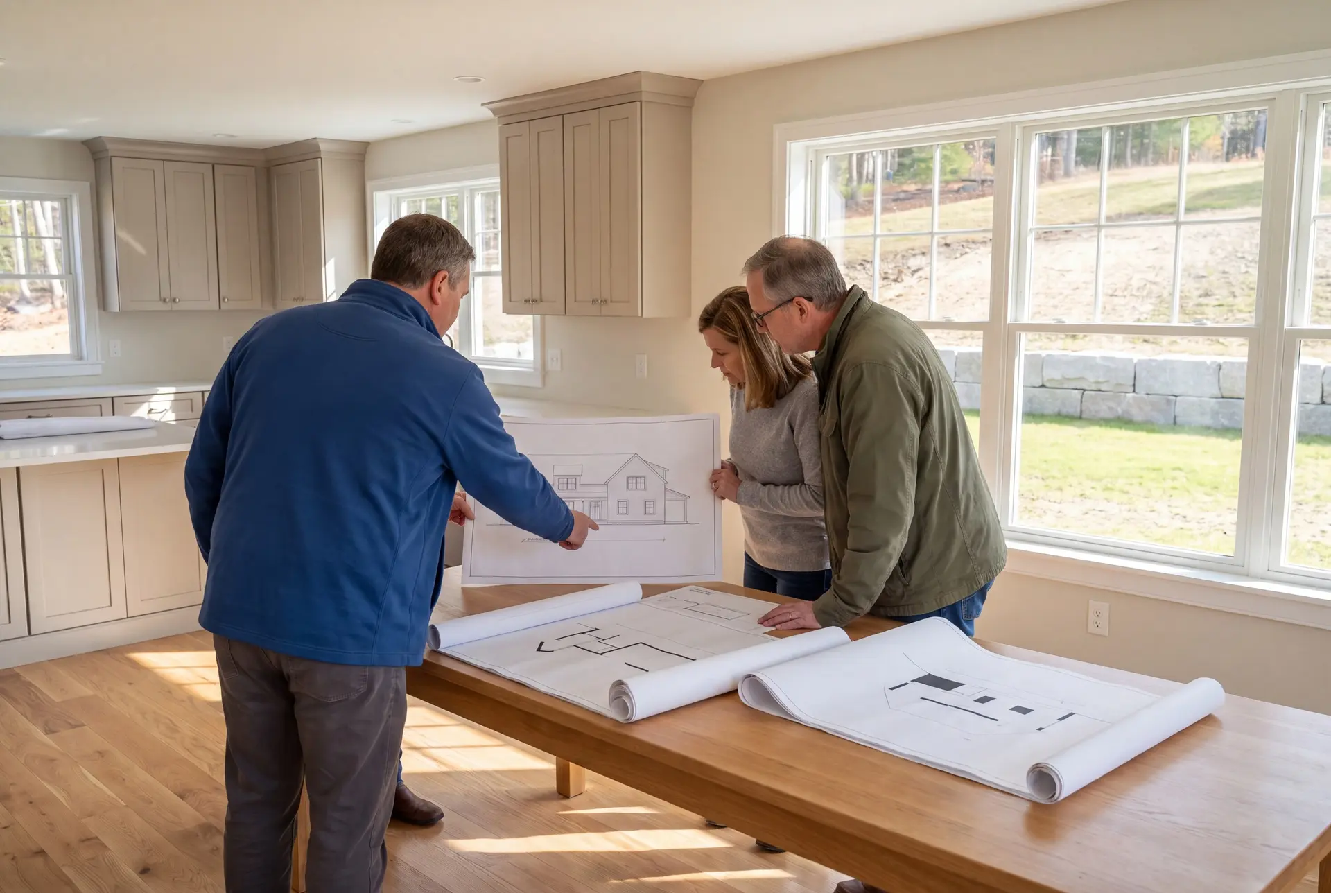 Illustration: Three adults, a builder and two homeowners, review abstract architectural drawings on an oak table in a finished living room with mushroom cabinetry, white-trimmed windows, and oak floors