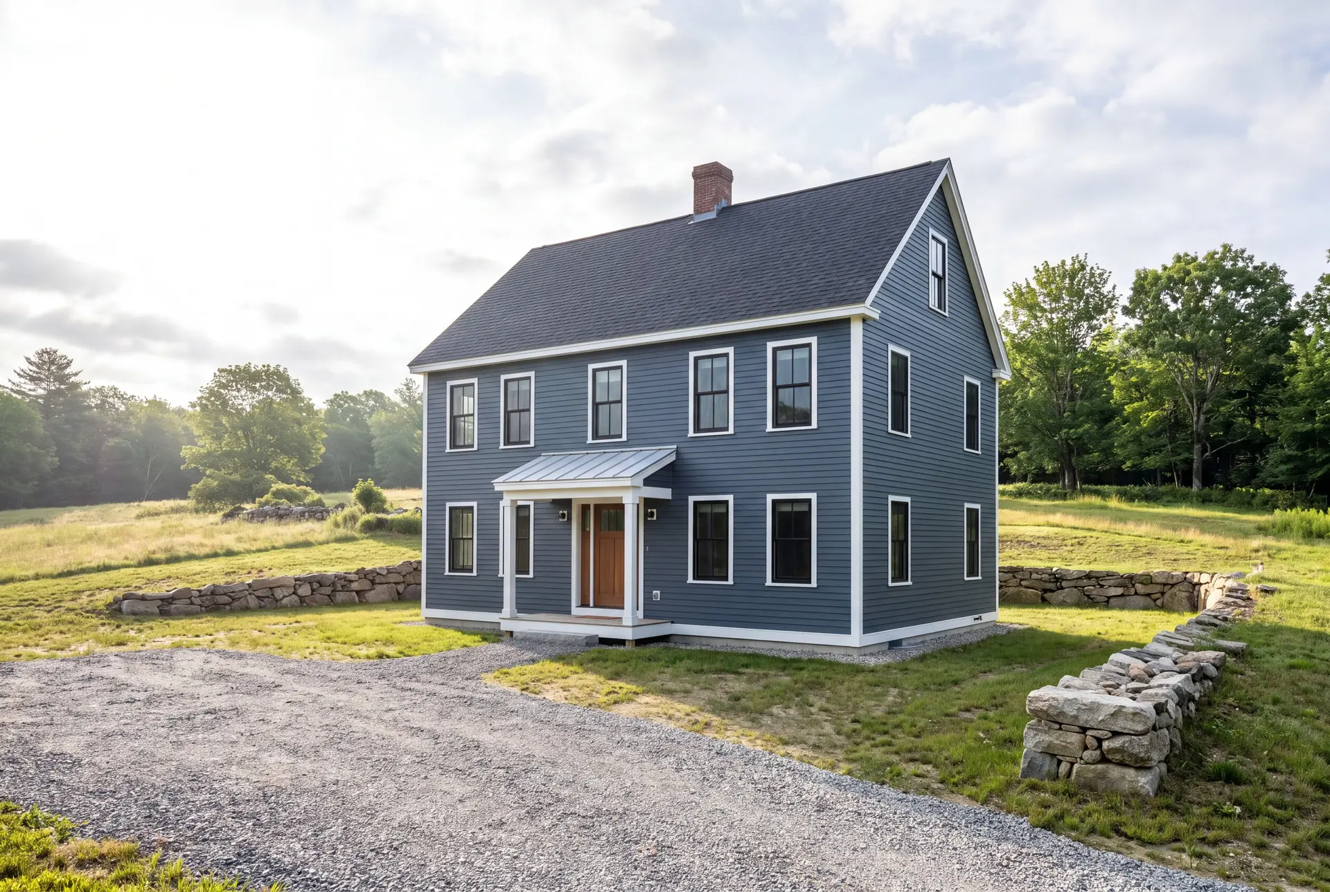 Illustration: A newly built blue farmhouse with a dark roof and white trim, situated in a rural landscape with a gravel driveway and stone walls