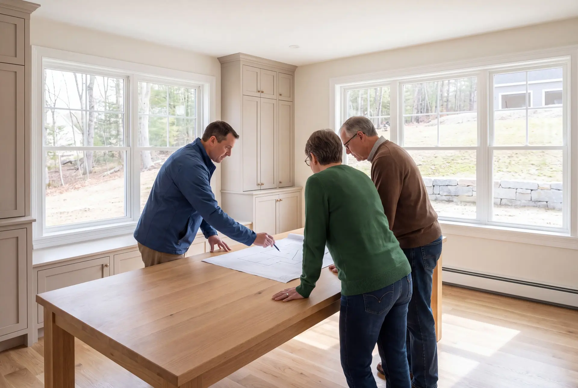 Illustration: Three people, a builder and two homeowners, reviewing architectural drawings on a table in a finished living room with oak floors and mushroom-colored cabinets