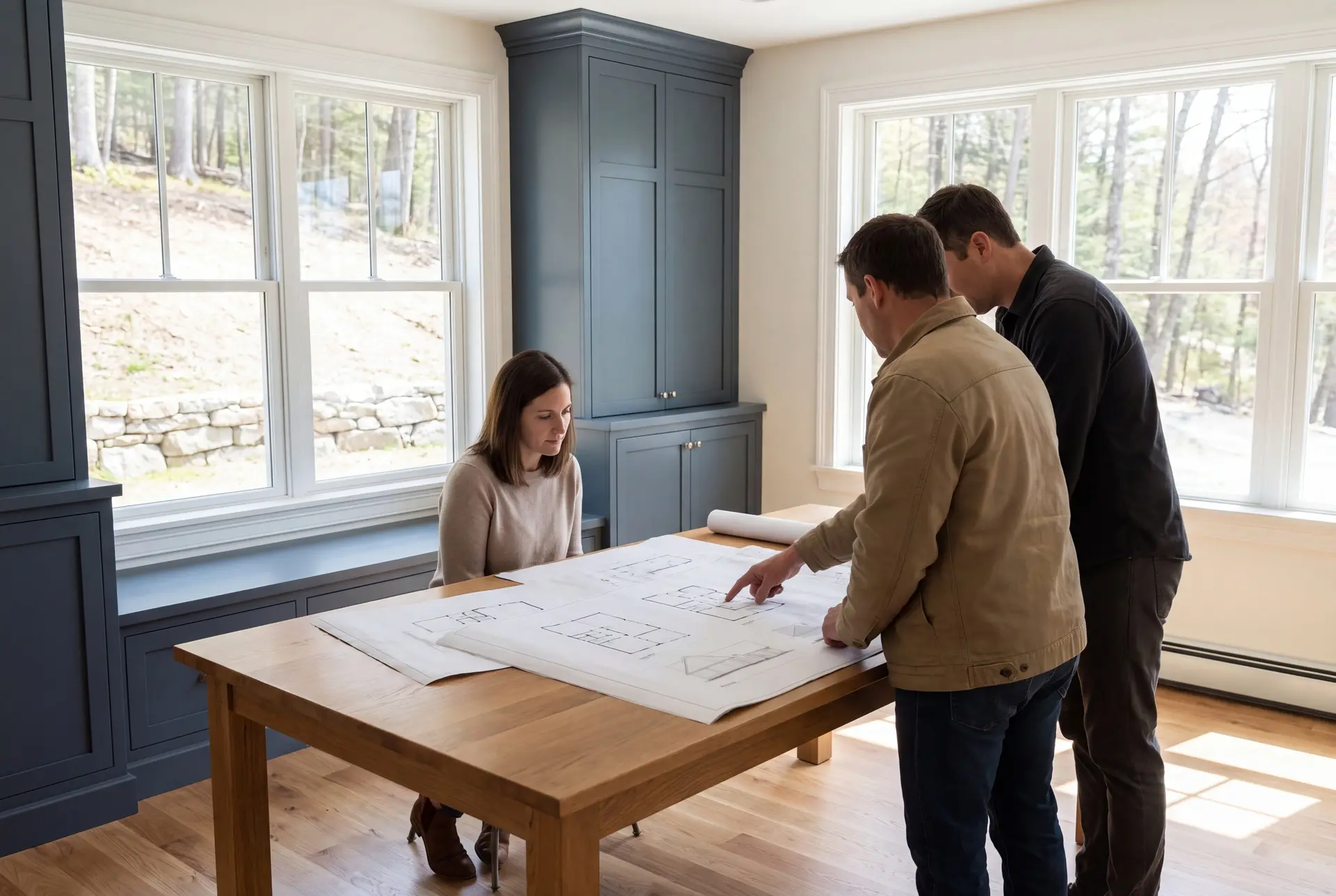 Illustration: Three people, two men and one woman, reviewing architectural blueprints on a wooden table in a finished living room with blue cabinets and oak floors