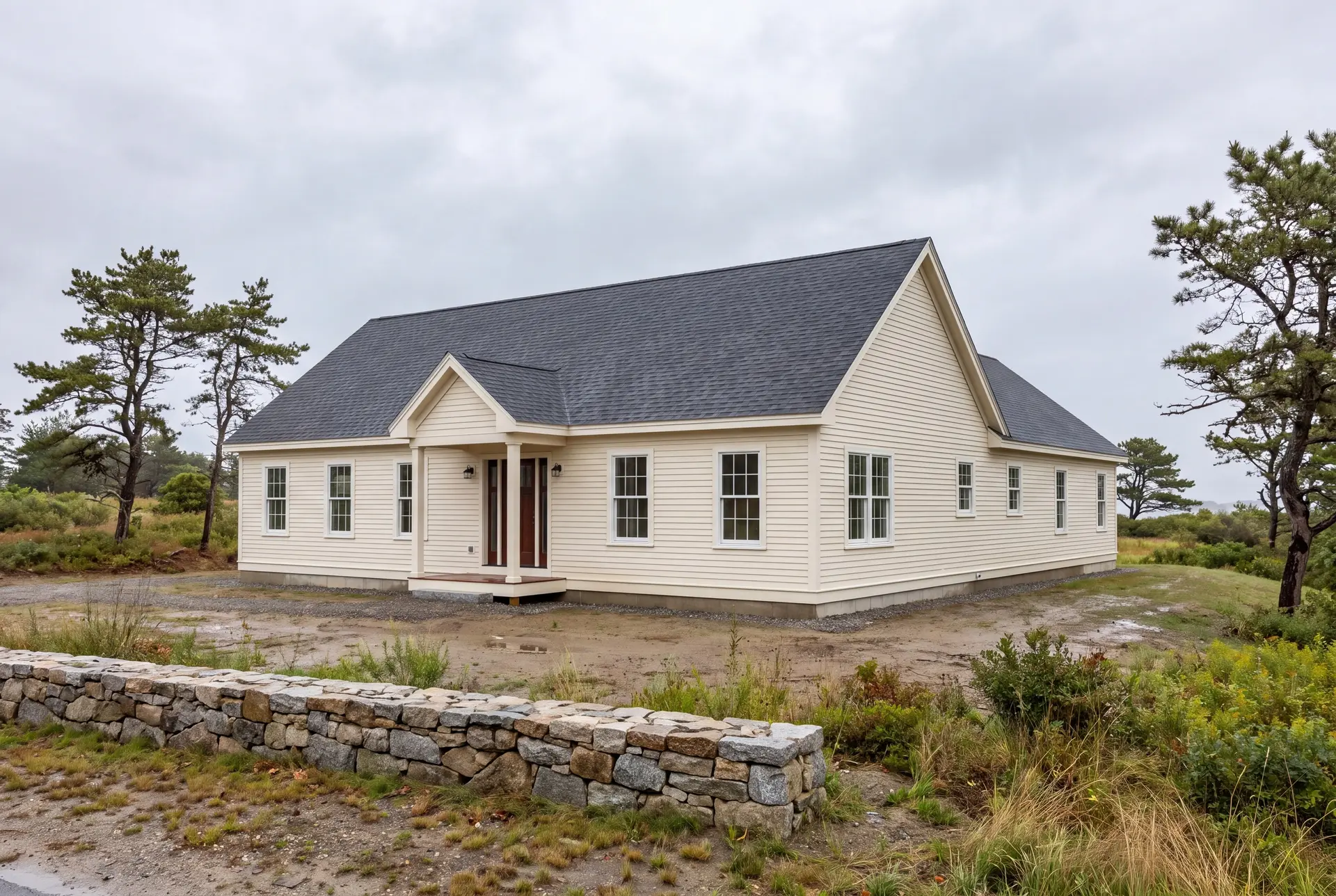 Illustration: A newly built, light-colored ranch house with a dark roof, surrounded by natural landscape under an overcast sky