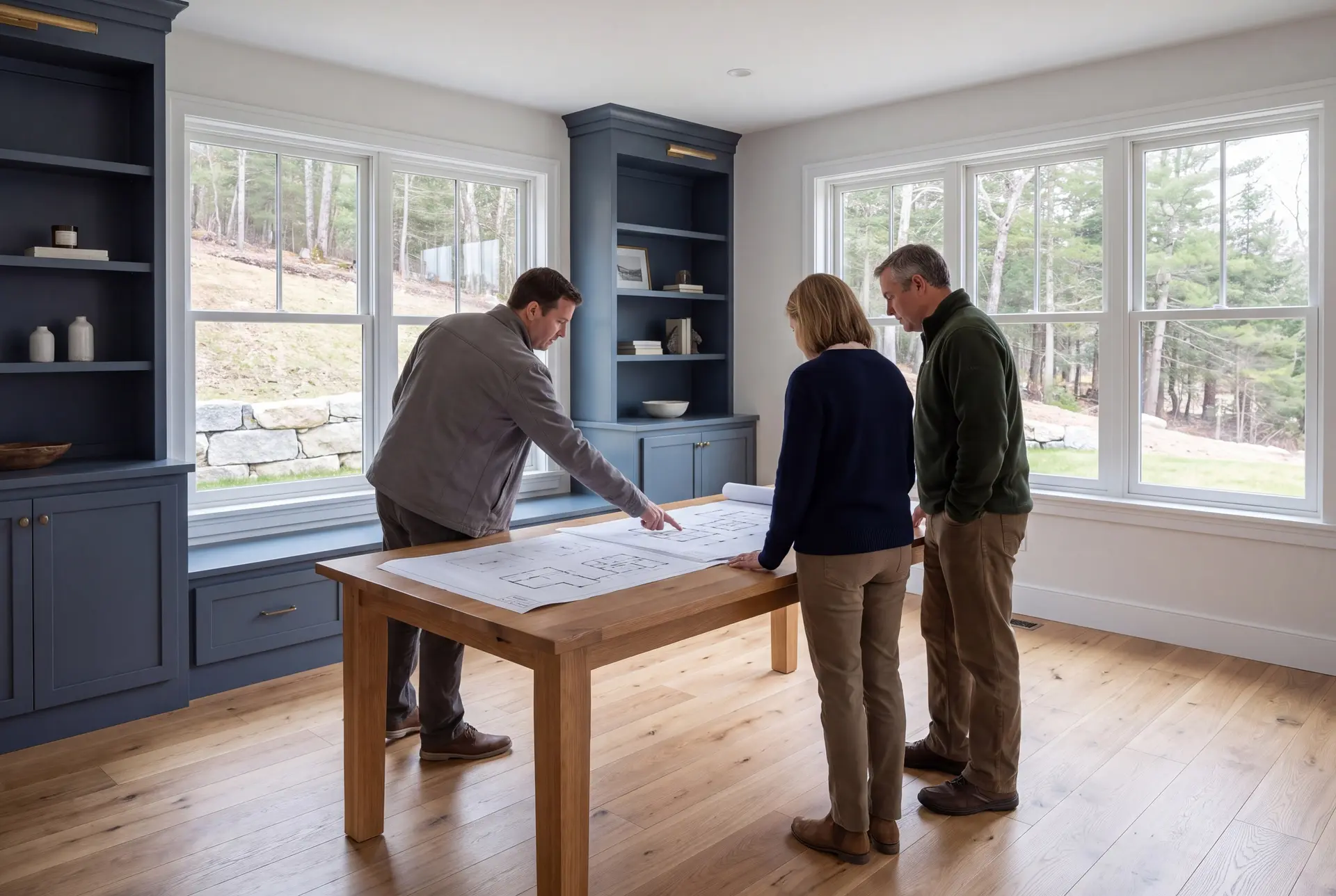 Illustration: Three people, a builder and two homeowners, reviewing floor plans on a table in a finished living room with blue cabinets and oak floors