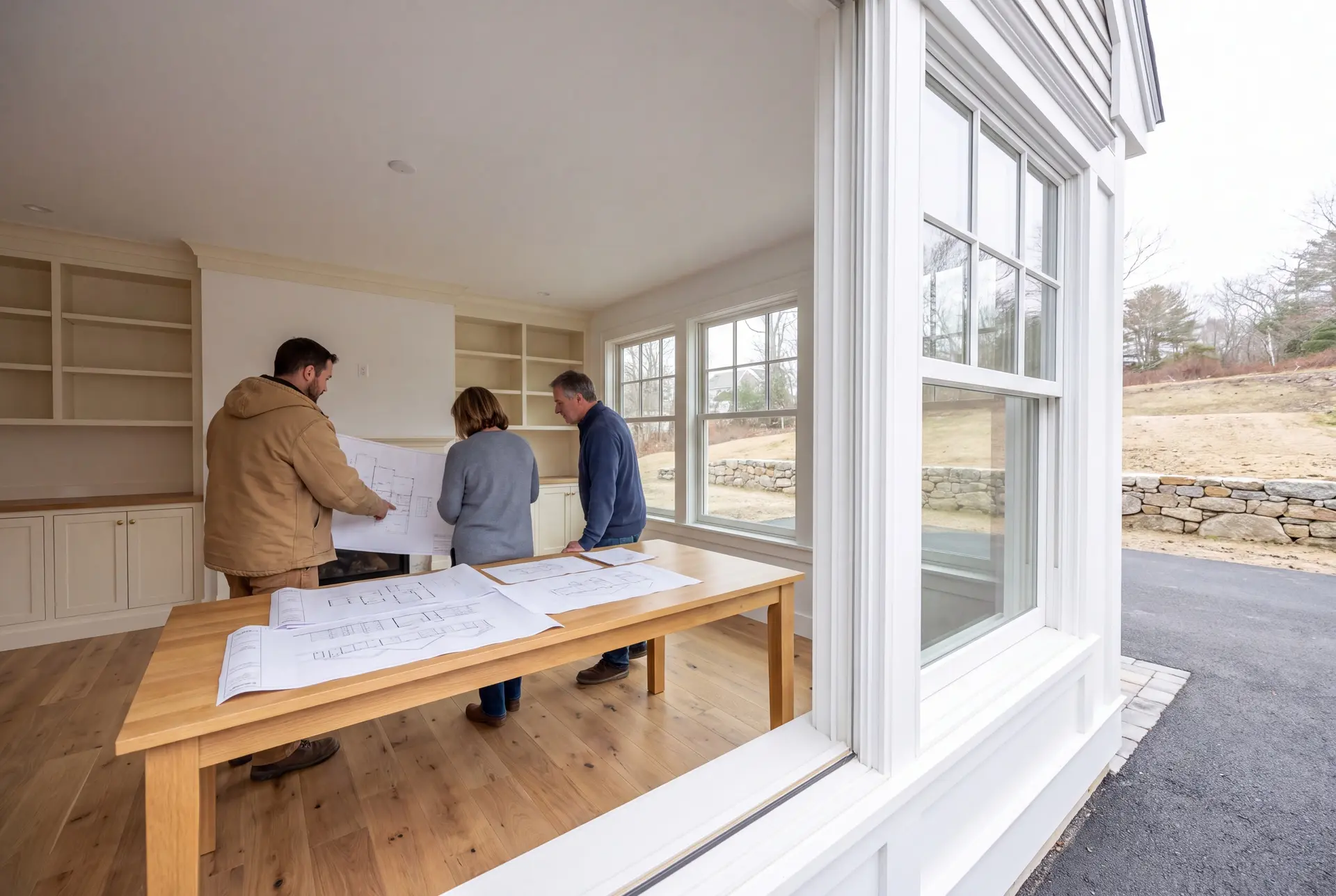 Illustration: Three people, a builder and two homeowners, review blueprints on a table in a newly finished living room with oak floors and ivory cabinetry