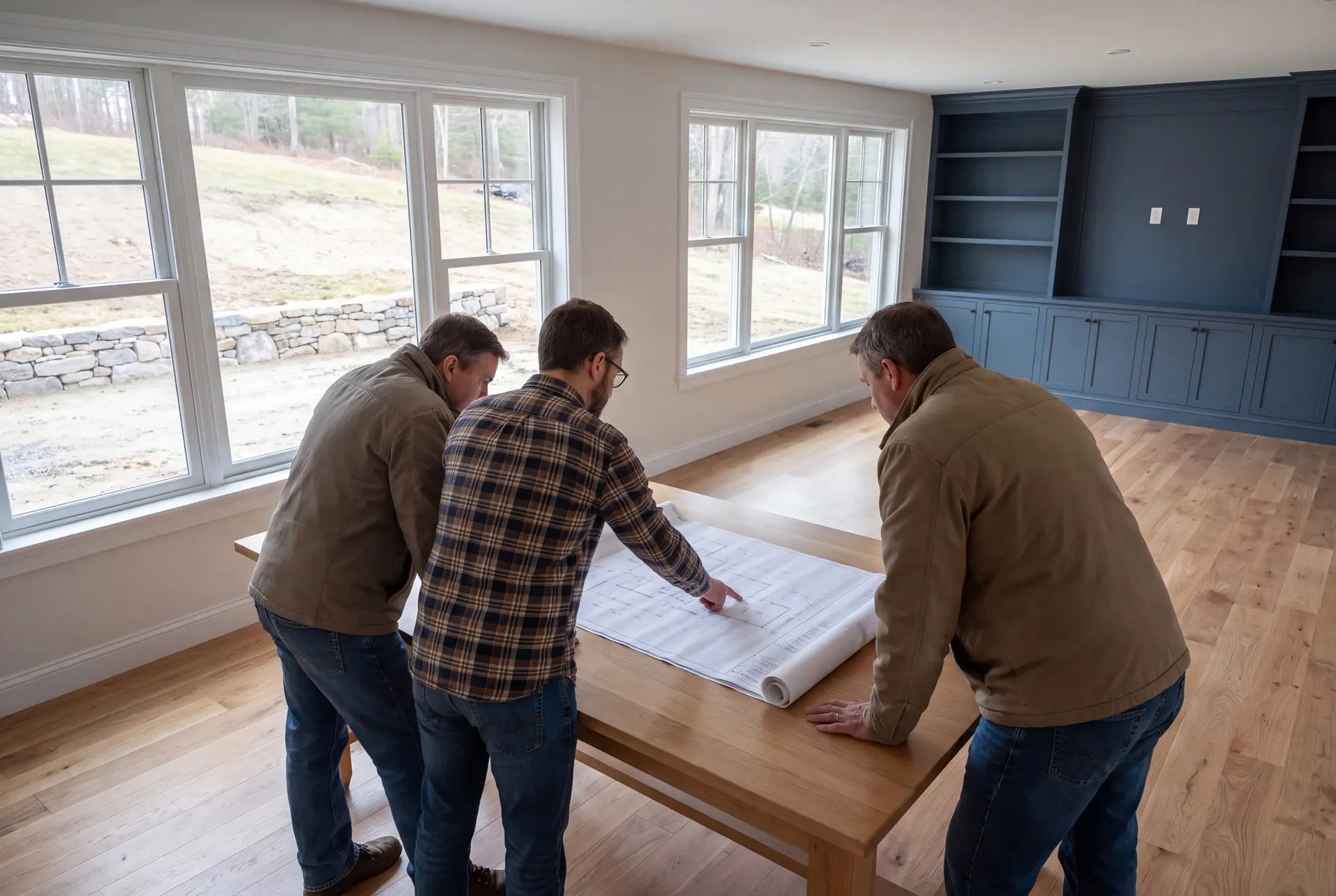 Illustration: Three men in a finished living room looking at blueprints on an oak table