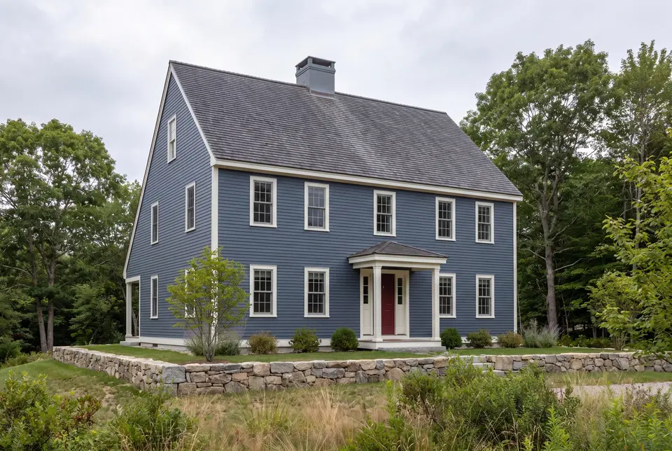 Illustration: A traditional New England saltbox house with blue siding, white trim, and a charcoal roof, surrounded by greenery and a stone wall