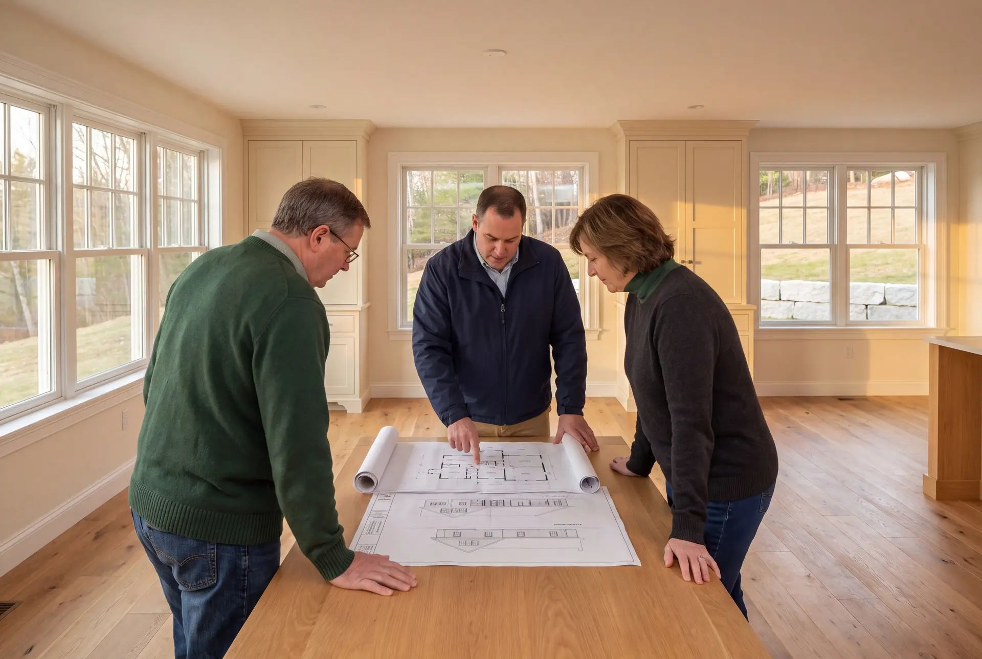 Illustration: Three adults, a builder and two homeowners, review architectural drawings on an oak table in a newly finished living room with ivory cabinets and oak floors
